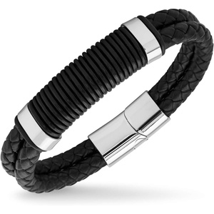 image:image555Jewelry Stainless Steel Double Braided Leather Magnet Slide Lock BraceletSilver