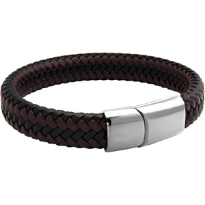 image:image555Jewelry Stainless Steel Magnetic Clasp Braided Brown amp Black Leather Bracelet for MenSilver