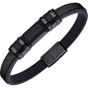 image:image555Jewelry Stainless Steel amp Genuine Black Leather Wrist Bracelet for MenBlack