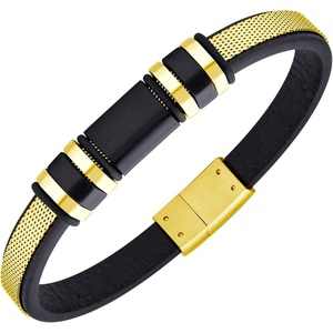 image:image555Jewelry Stainless Steel amp Genuine Black Leather Wrist Bracelet for MenGold