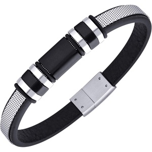 image:image555Jewelry Stainless Steel amp Genuine Black Leather Wrist Bracelet for MenSilver