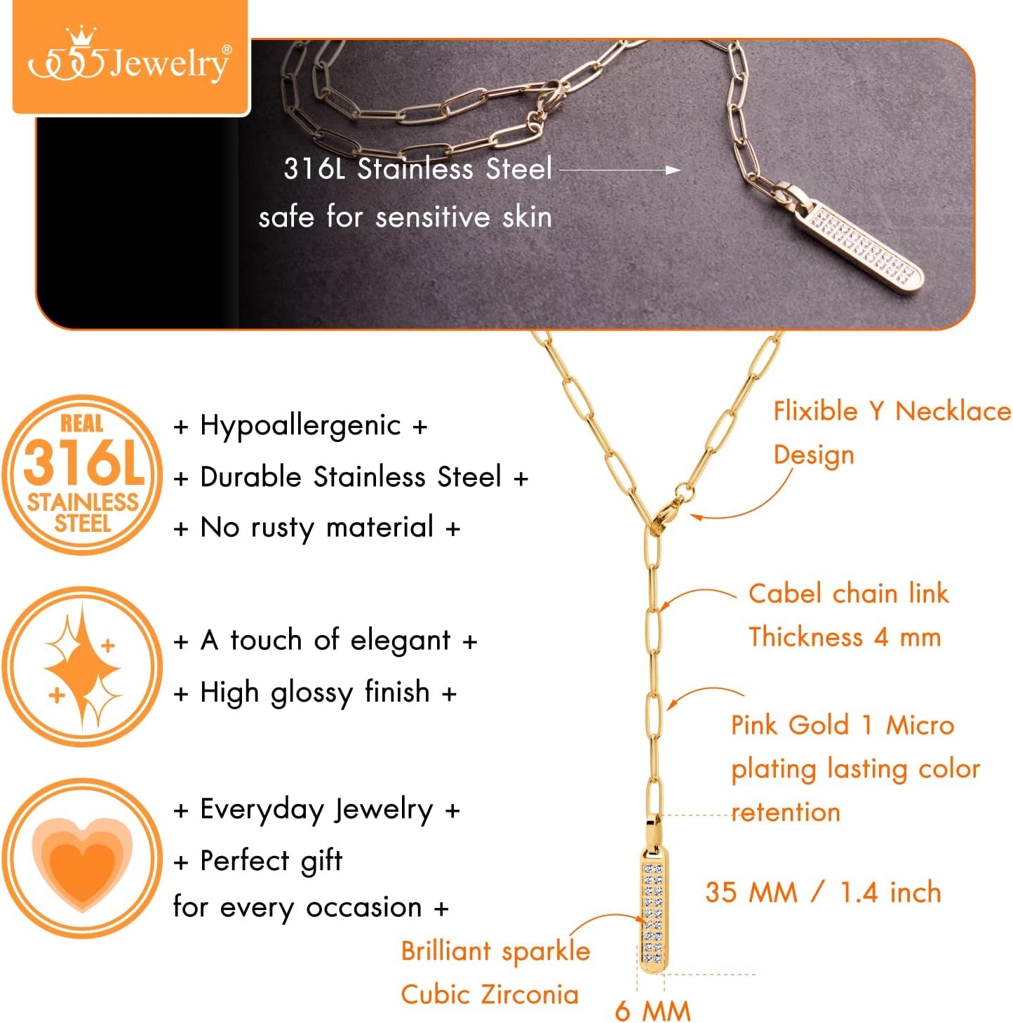 image:image555Jewelry Stainless Steel Cubic Zirconia Vertical Bar Necklace for WomenRose Gold