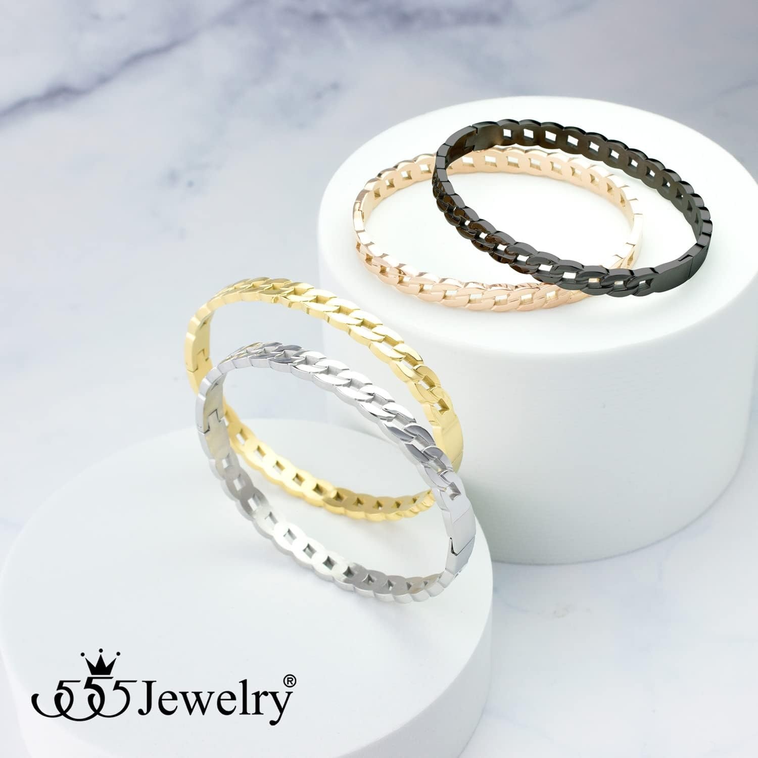 image:image555Jewelry Stainless Steel Hinged Cuff Curb Link Bangle Bracelet for Women amp MenGold