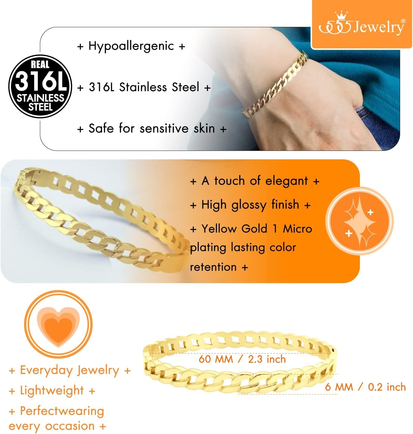 image:image555Jewelry Stainless Steel Hinged Cuff Curb Link Bangle Bracelet for Women amp MenGold