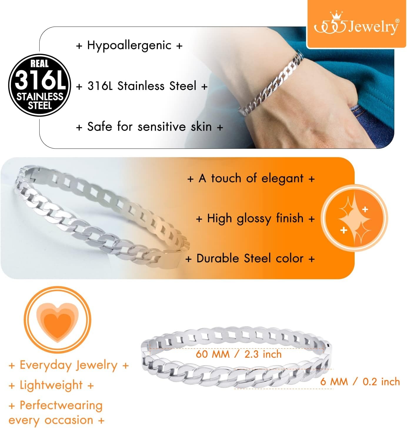 image:image555Jewelry Stainless Steel Hinged Cuff Curb Link Bangle Bracelet for Women amp MenSilver