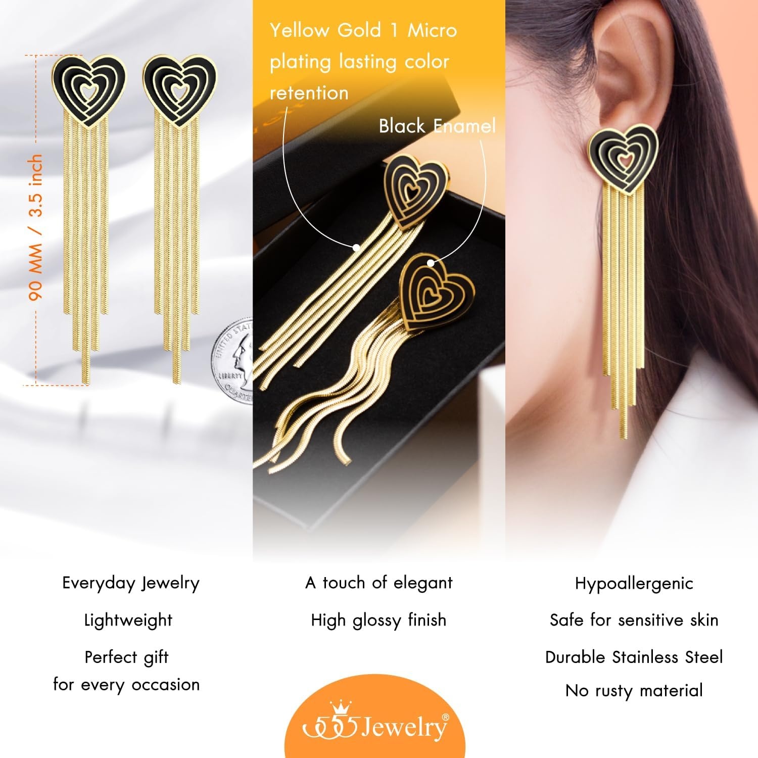 image:image555Jewelry Stainless Steel Long Drop Dangle Tassel Heart Earrings for WomenGold