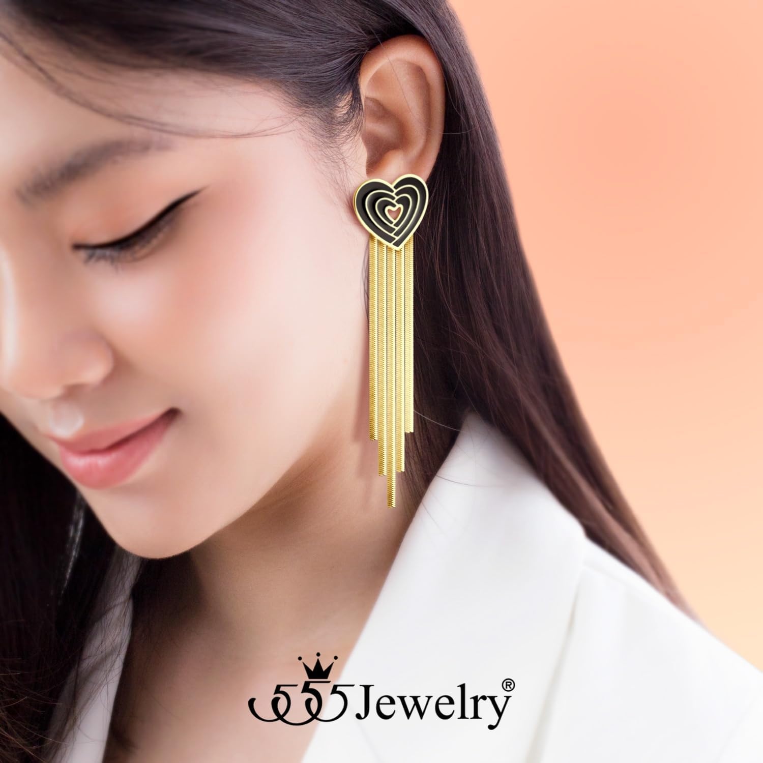 image:image555Jewelry Stainless Steel Long Drop Dangle Tassel Heart Earrings for WomenGold
