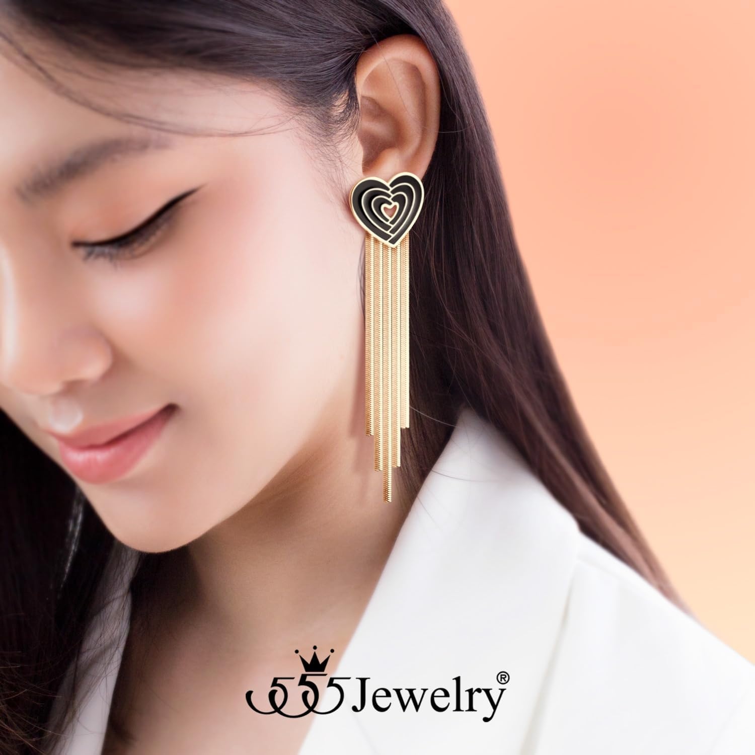 image:image555Jewelry Stainless Steel Long Drop Dangle Tassel Heart Earrings for WomenRose Gold
