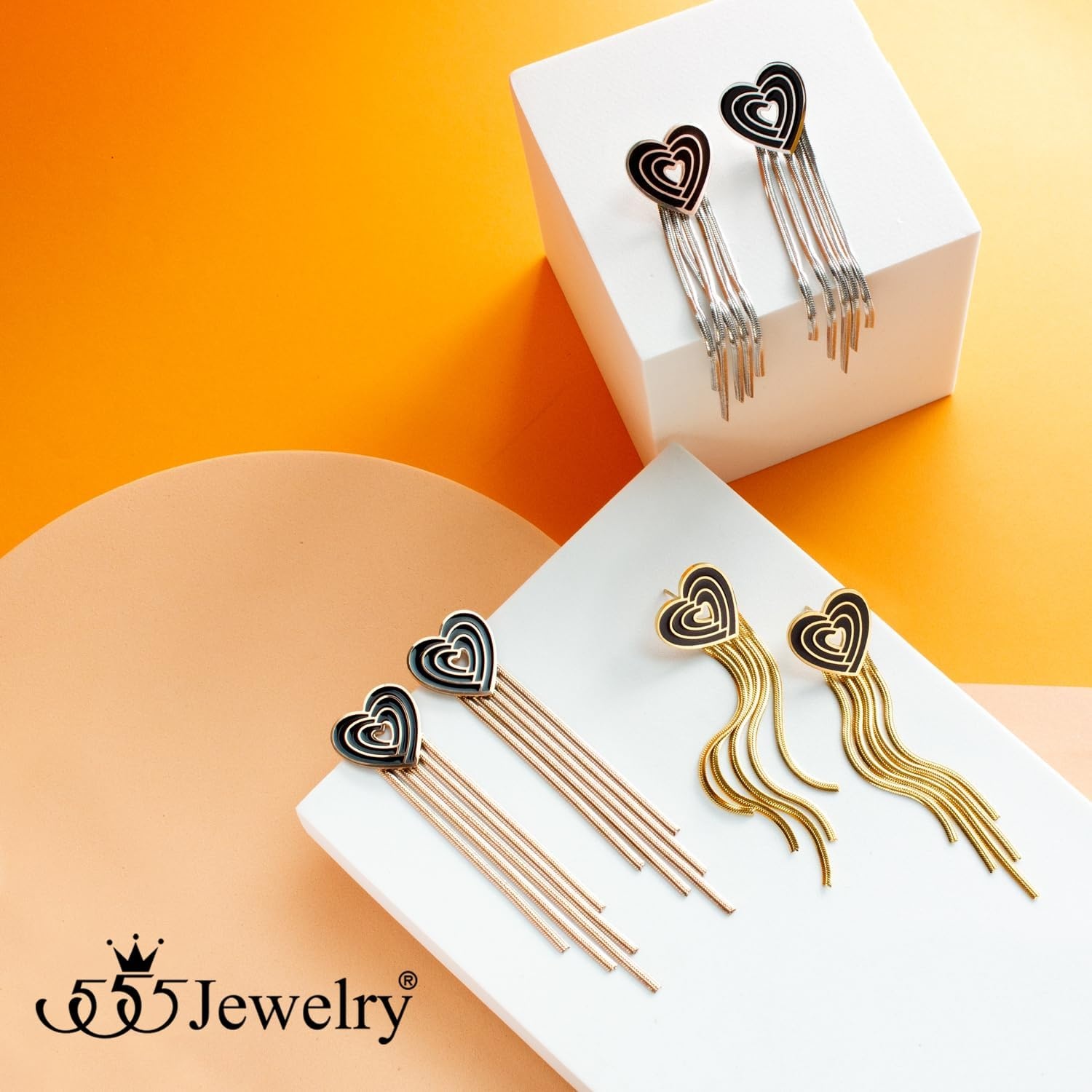 image:image555Jewelry Stainless Steel Long Drop Dangle Tassel Heart Earrings for WomenRose Gold