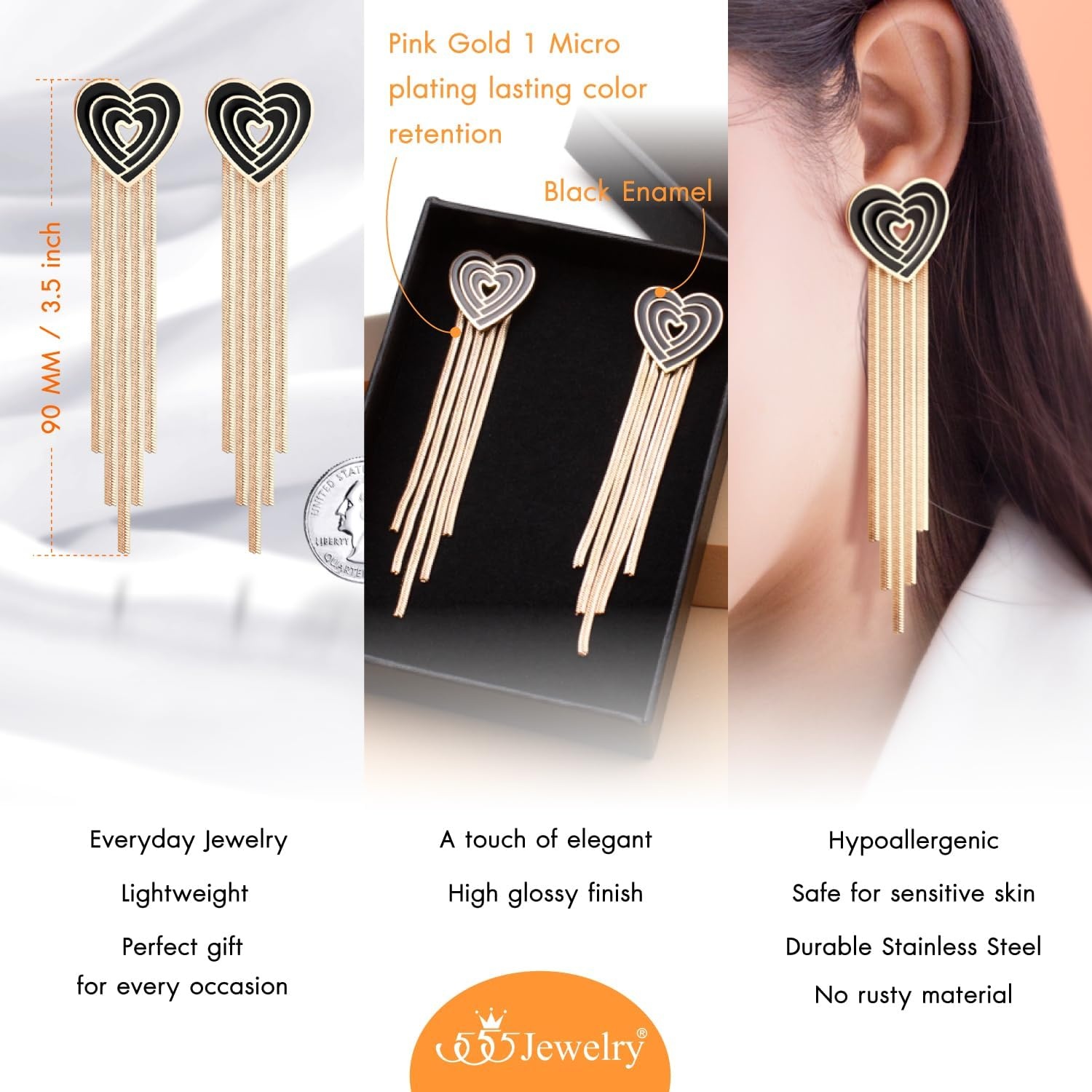 image:image555Jewelry Stainless Steel Long Drop Dangle Tassel Heart Earrings for WomenRose Gold