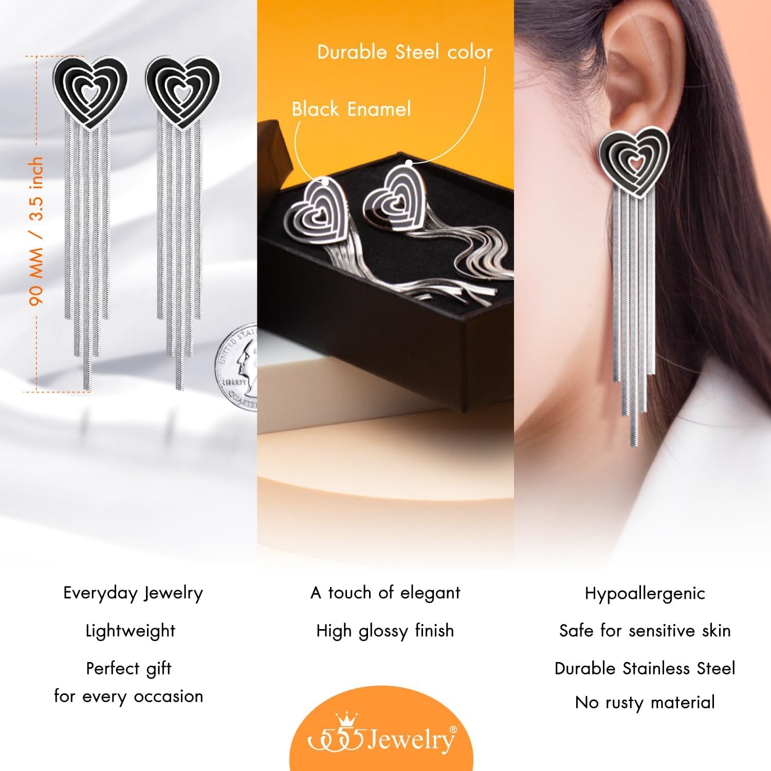 image:image555Jewelry Stainless Steel Long Drop Dangle Tassel Heart Earrings for WomenSilver