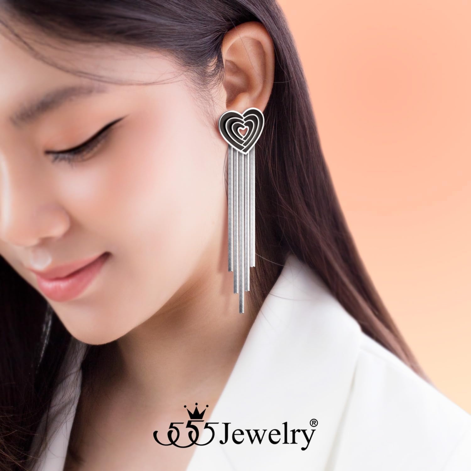 image:image555Jewelry Stainless Steel Long Drop Dangle Tassel Heart Earrings for WomenSilver