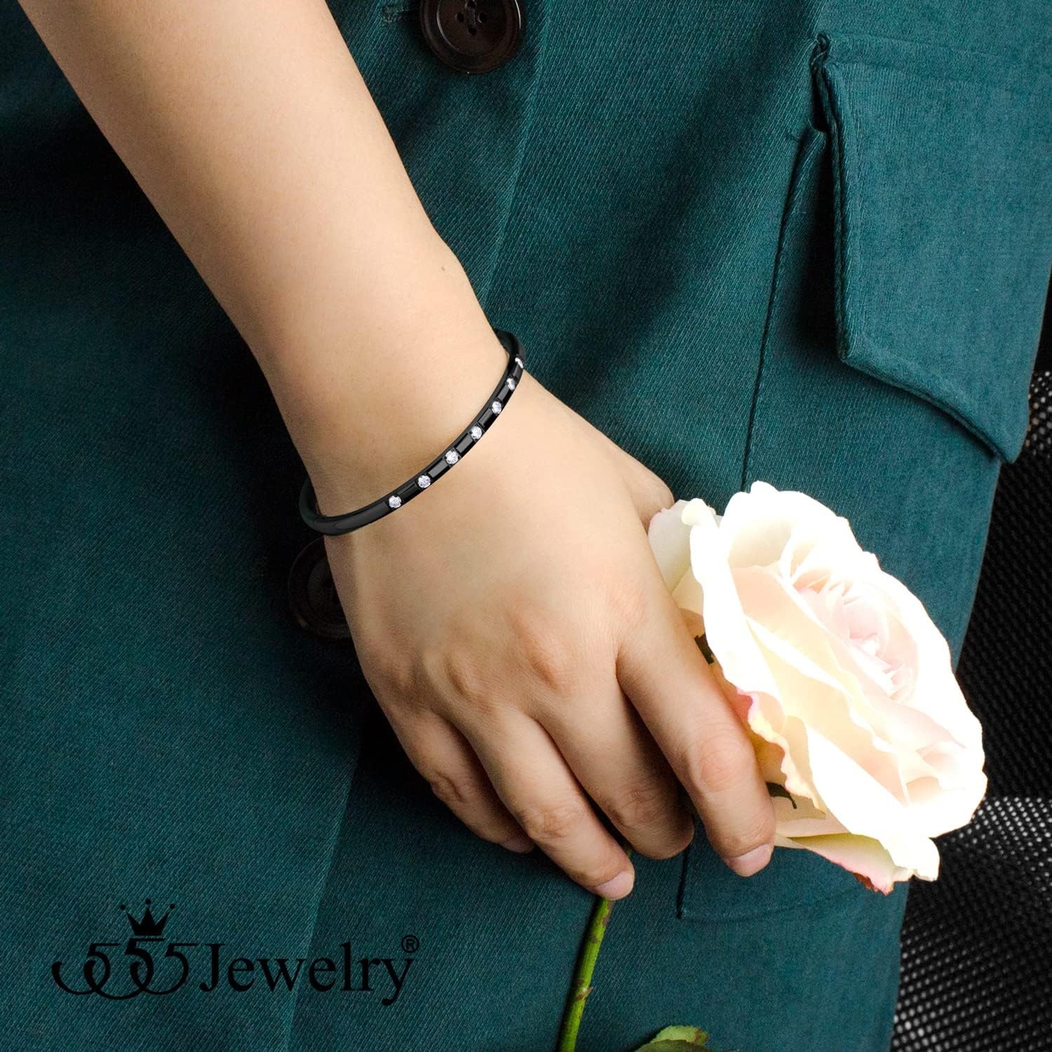 image:image555Jewelry Stainless Steel Thin CZ Cuff Hinged Bangle Bracelet for WomenBlack