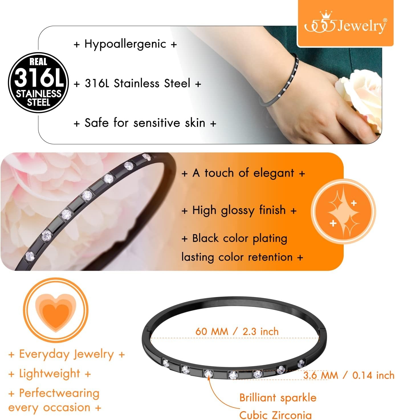 image:image555Jewelry Stainless Steel Thin CZ Cuff Hinged Bangle Bracelet for WomenBlack