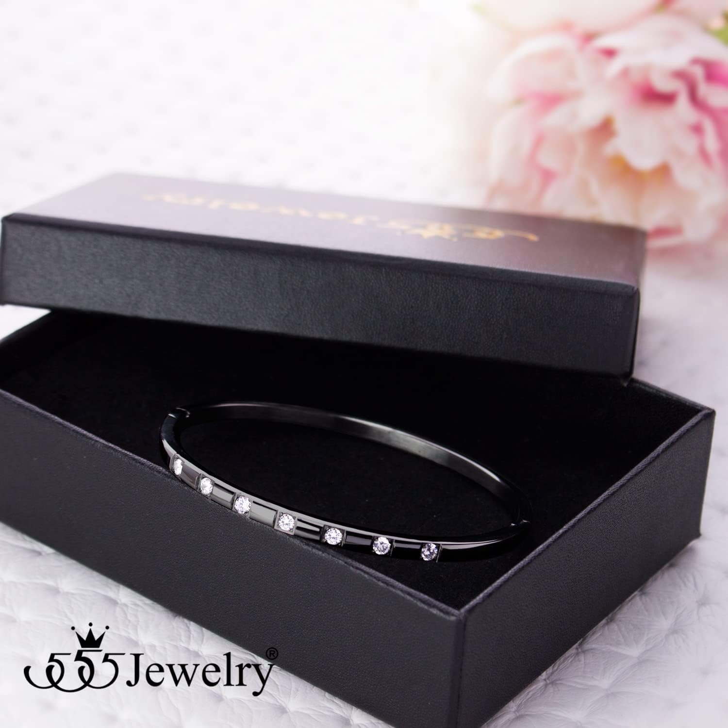 image:image555Jewelry Stainless Steel Thin CZ Cuff Hinged Bangle Bracelet for WomenBlack