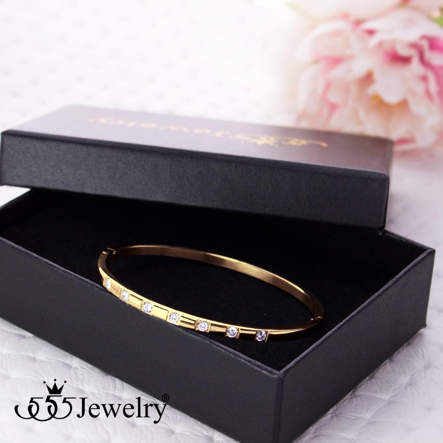 image:image555Jewelry Stainless Steel Thin CZ Cuff Hinged Bangle Bracelet for WomenGold