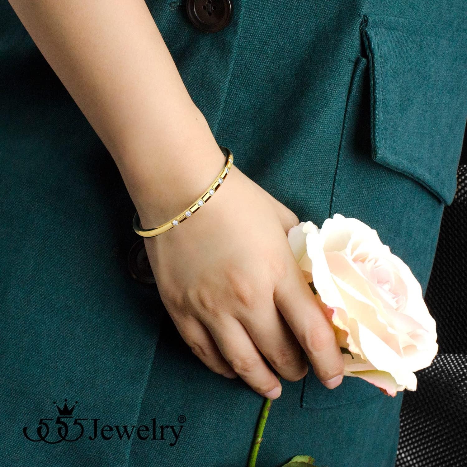 image:image555Jewelry Stainless Steel Thin CZ Cuff Hinged Bangle Bracelet for WomenGold