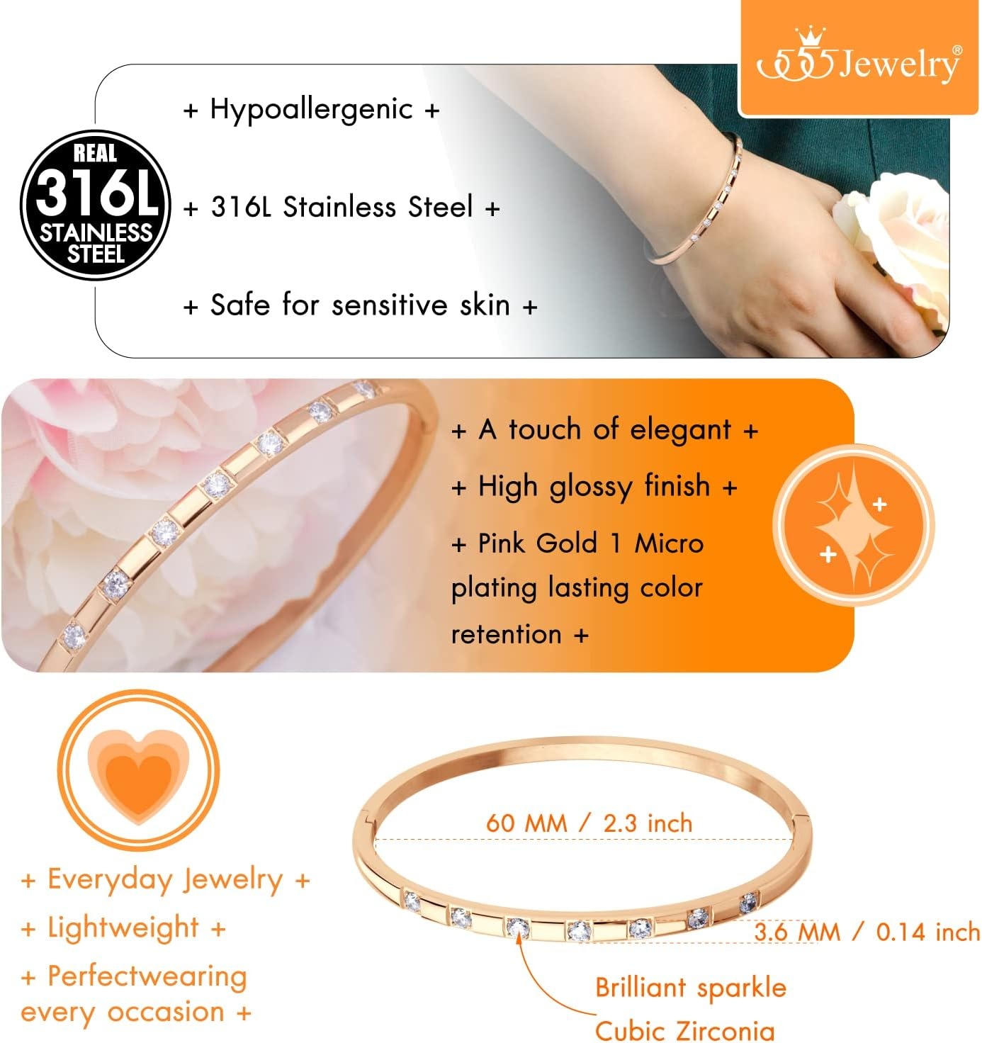 image:image555Jewelry Stainless Steel Thin CZ Cuff Hinged Bangle Bracelet for WomenRose Gold
