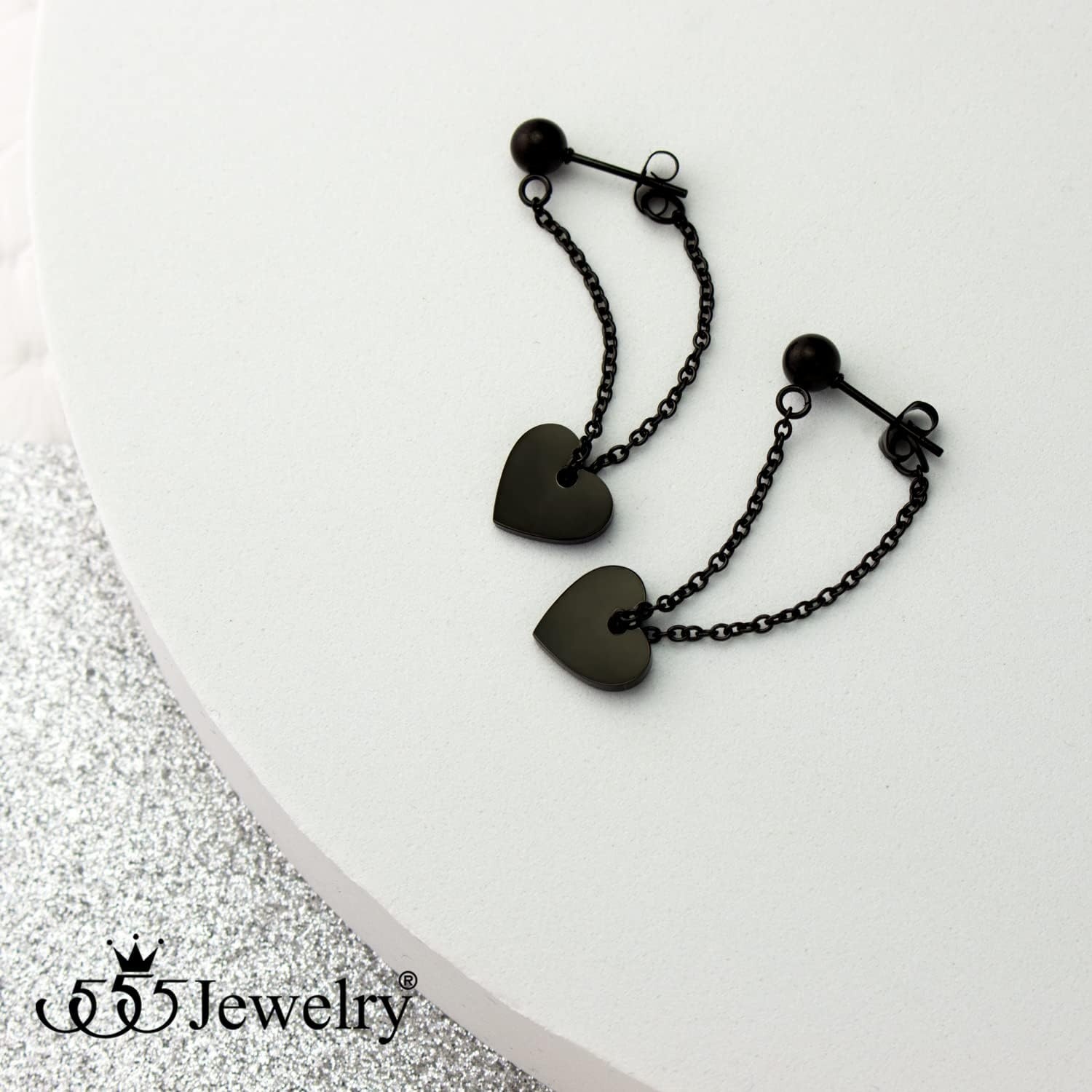 image:image555Jewelry Stainless Steel Threader Dangle Heart Earrings for Women Hypoallergenic Fashion Stud EarringsBlack
