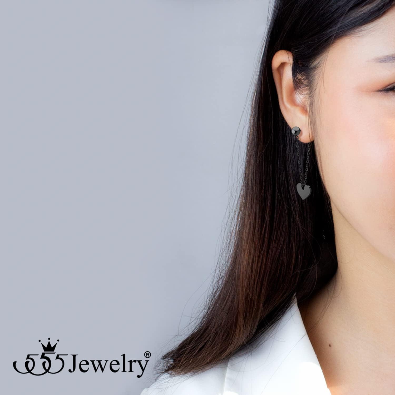 image:image555Jewelry Stainless Steel Threader Dangle Heart Earrings for Women Hypoallergenic Fashion Stud EarringsBlack