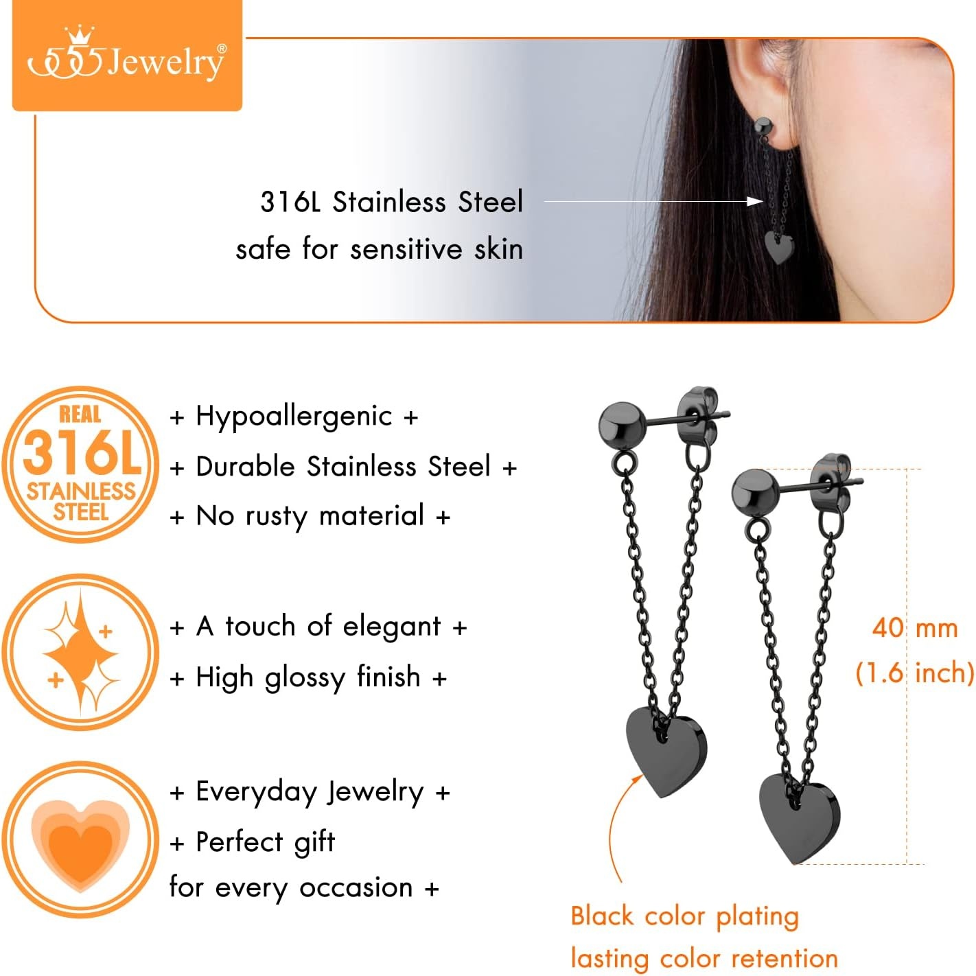 image:image555Jewelry Stainless Steel Threader Dangle Heart Earrings for Women Hypoallergenic Fashion Stud EarringsBlack