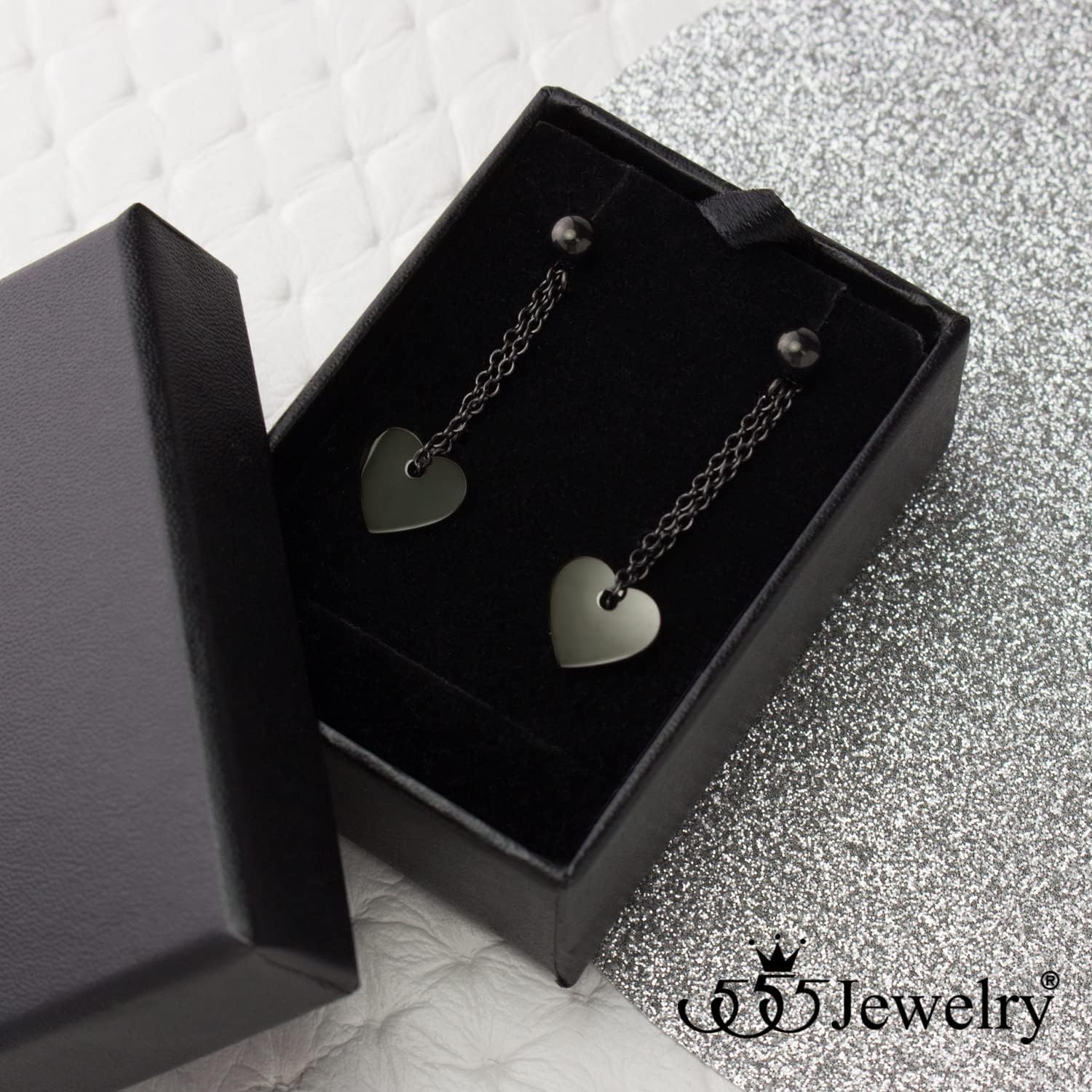 image:image555Jewelry Stainless Steel Threader Dangle Heart Earrings for Women Hypoallergenic Fashion Stud EarringsBlack