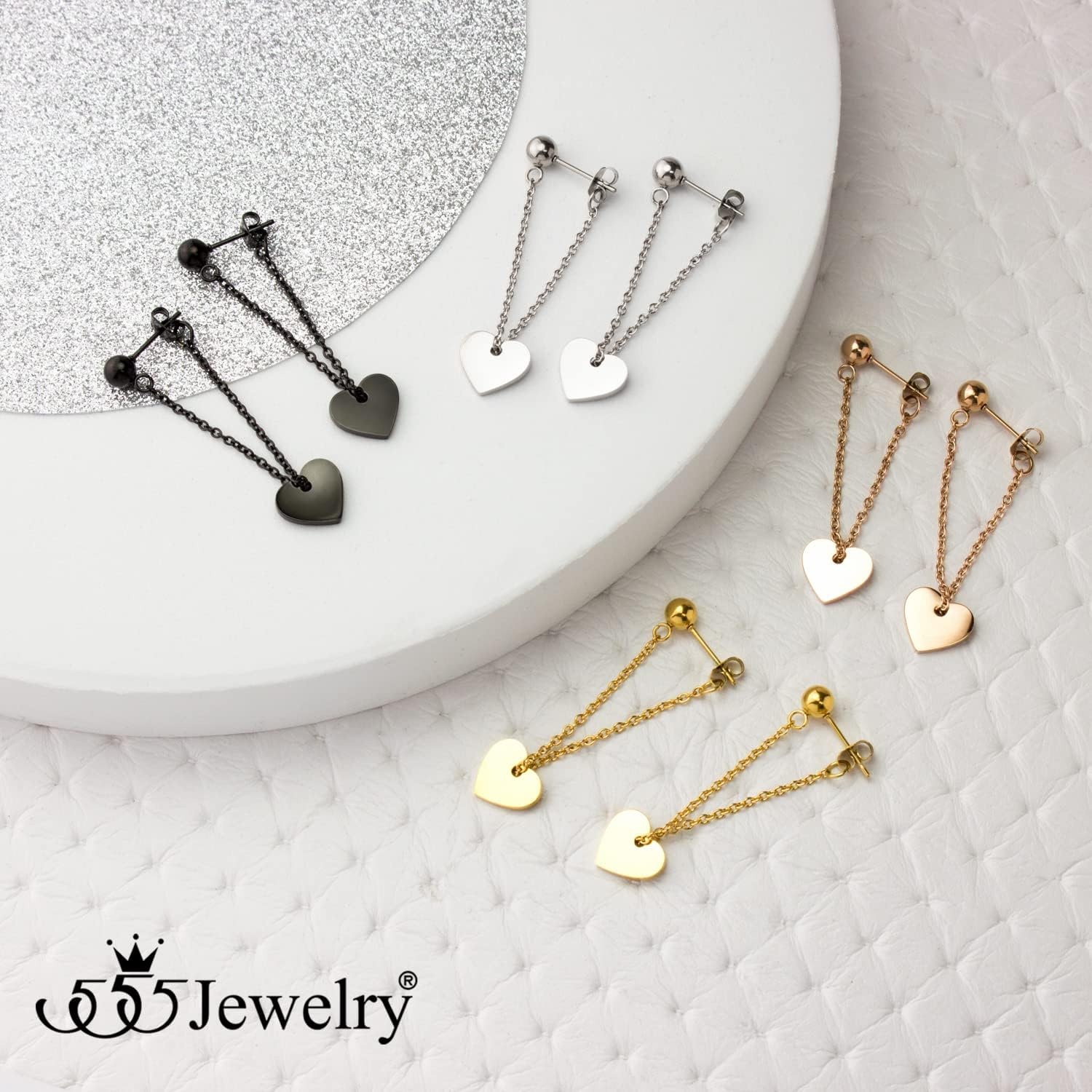 image:image555Jewelry Stainless Steel Threader Dangle Heart Earrings for Women Hypoallergenic Fashion Stud EarringsBlack