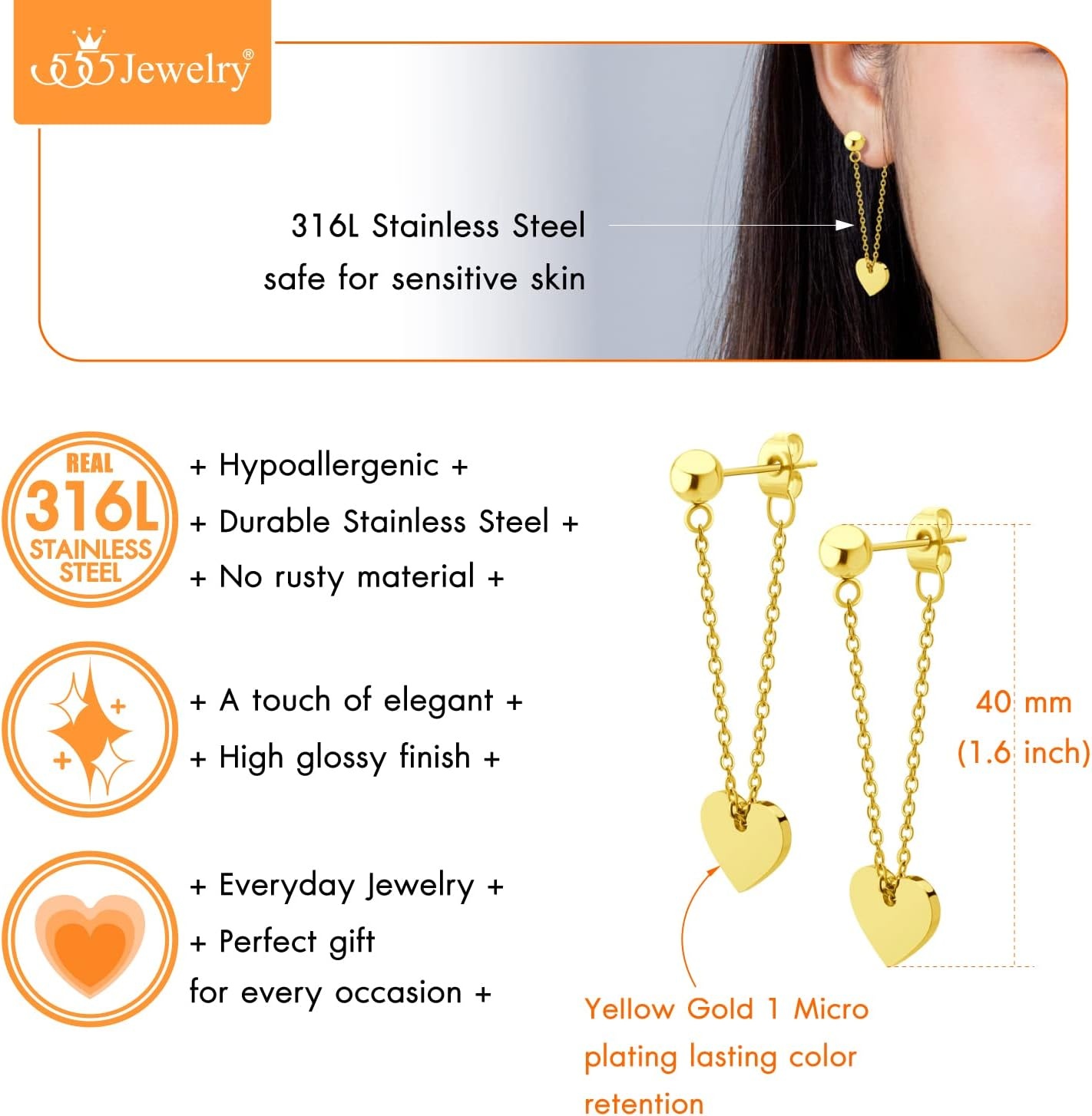 image:image555Jewelry Stainless Steel Threader Dangle Heart Earrings for Women Hypoallergenic Fashion Stud EarringsGold