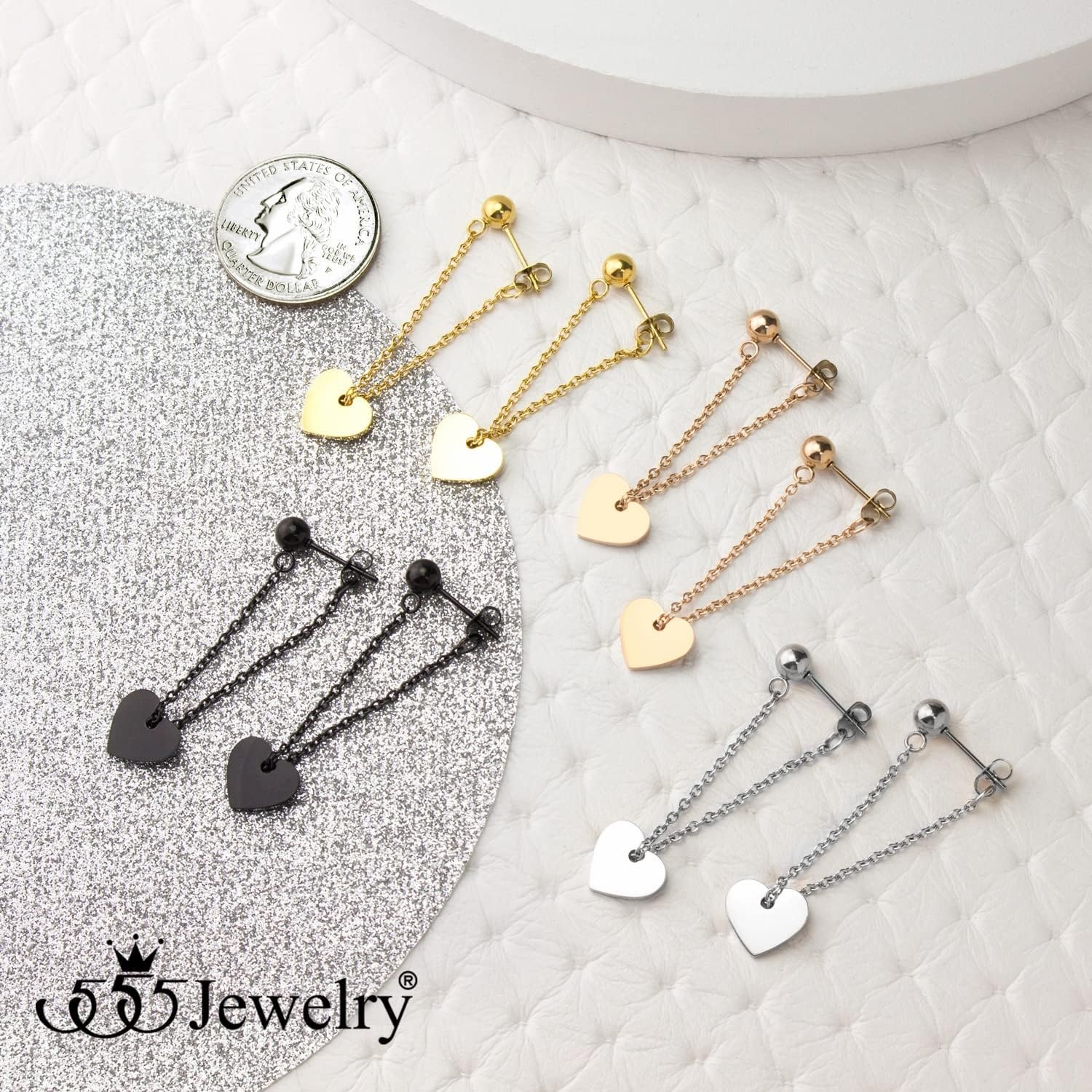 image:image555Jewelry Stainless Steel Threader Dangle Heart Earrings for Women Hypoallergenic Fashion Stud EarringsSilver