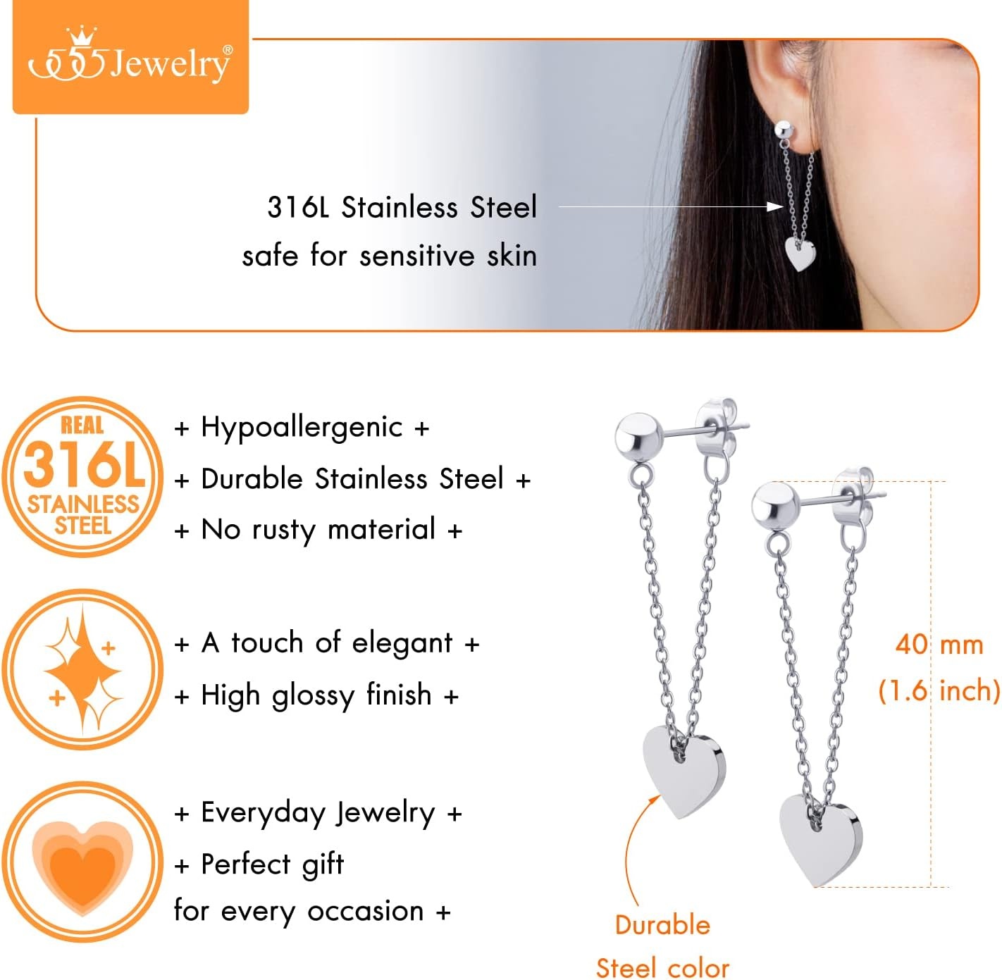 image:image555Jewelry Stainless Steel Threader Dangle Heart Earrings for Women Hypoallergenic Fashion Stud EarringsSilver