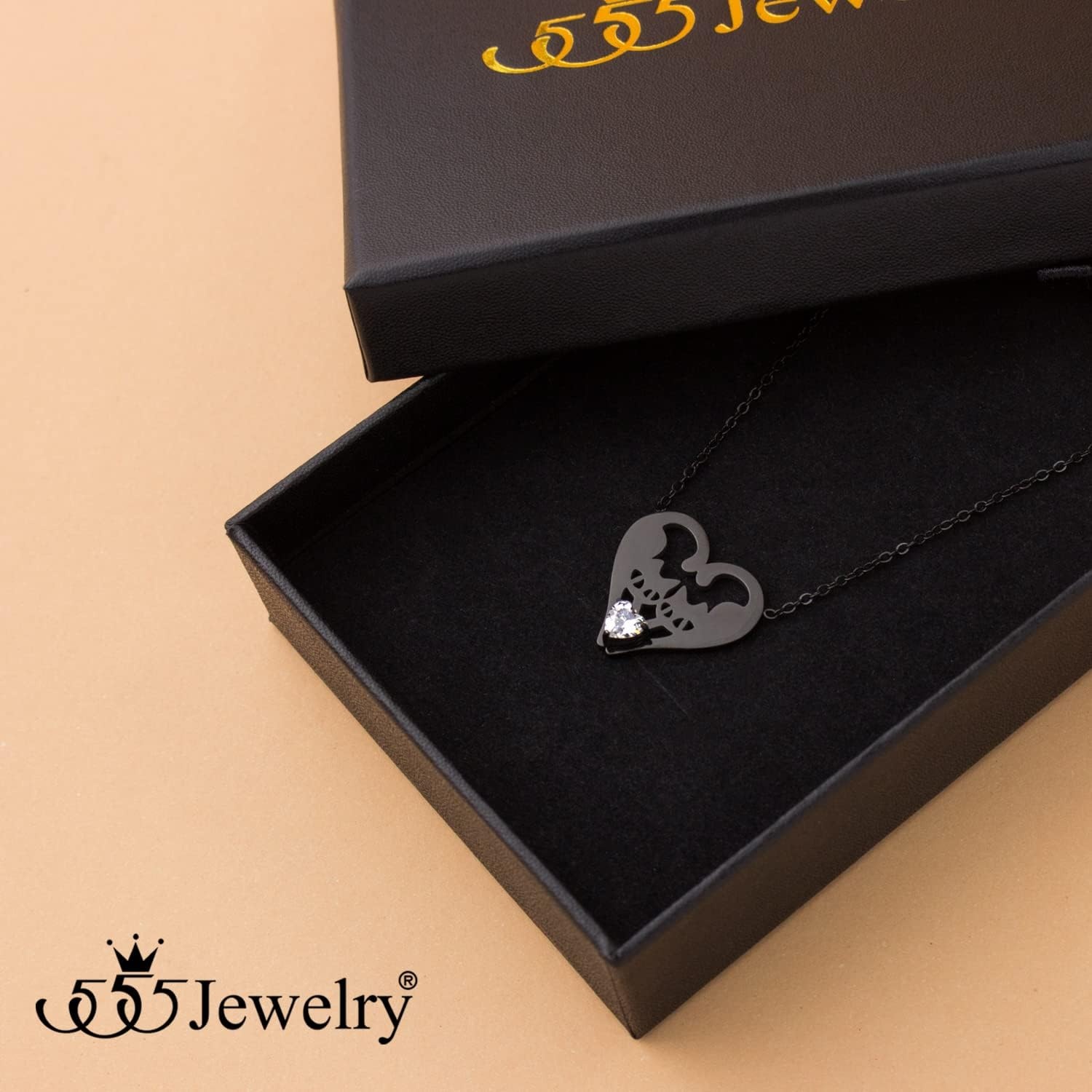 image:image555Jewelry Stainless Steel Twin Cats Heart CZ Necklace for Women amp GirlsBlack