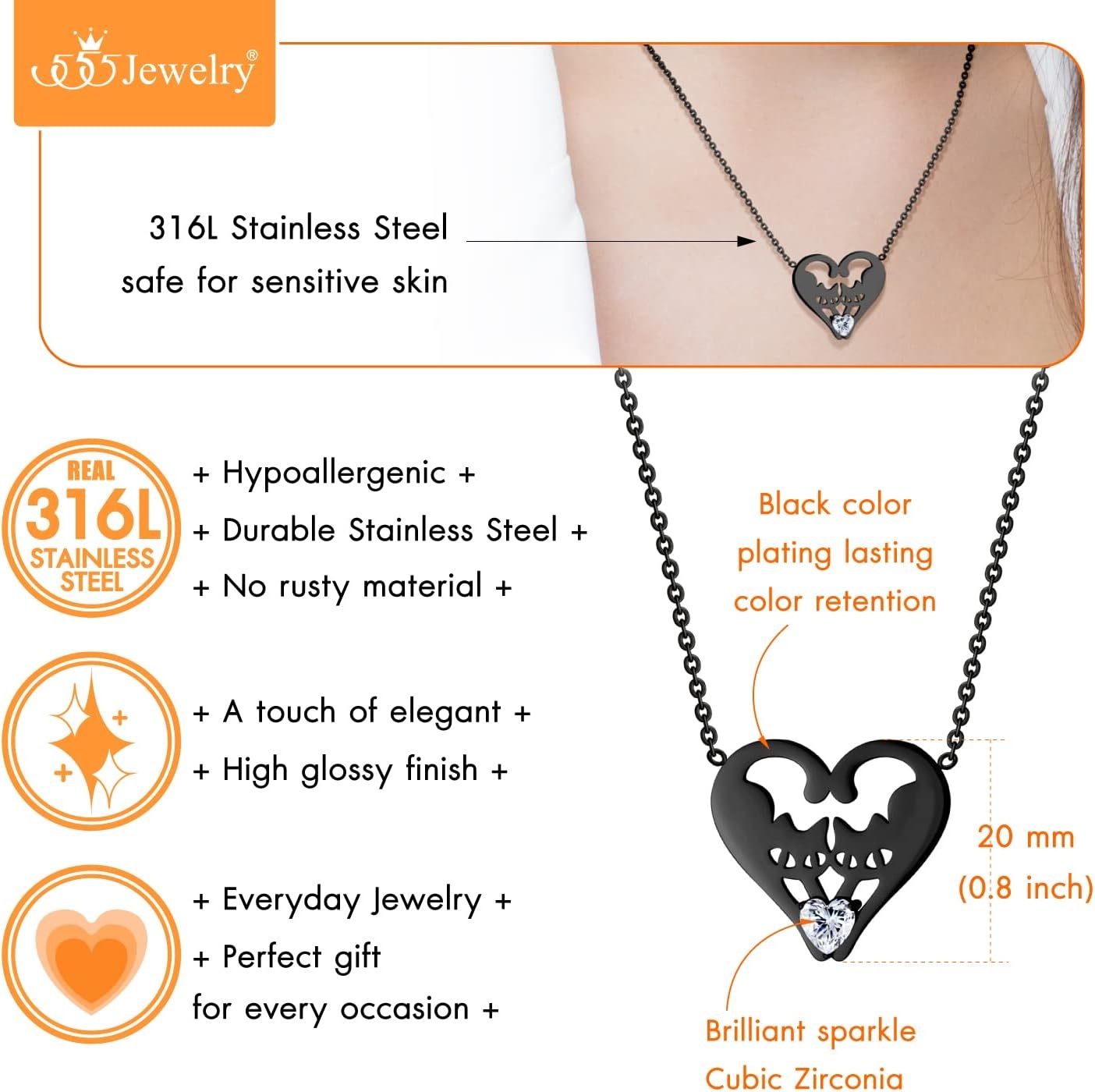 image:image555Jewelry Stainless Steel Twin Cats Heart CZ Necklace for Women amp GirlsBlack