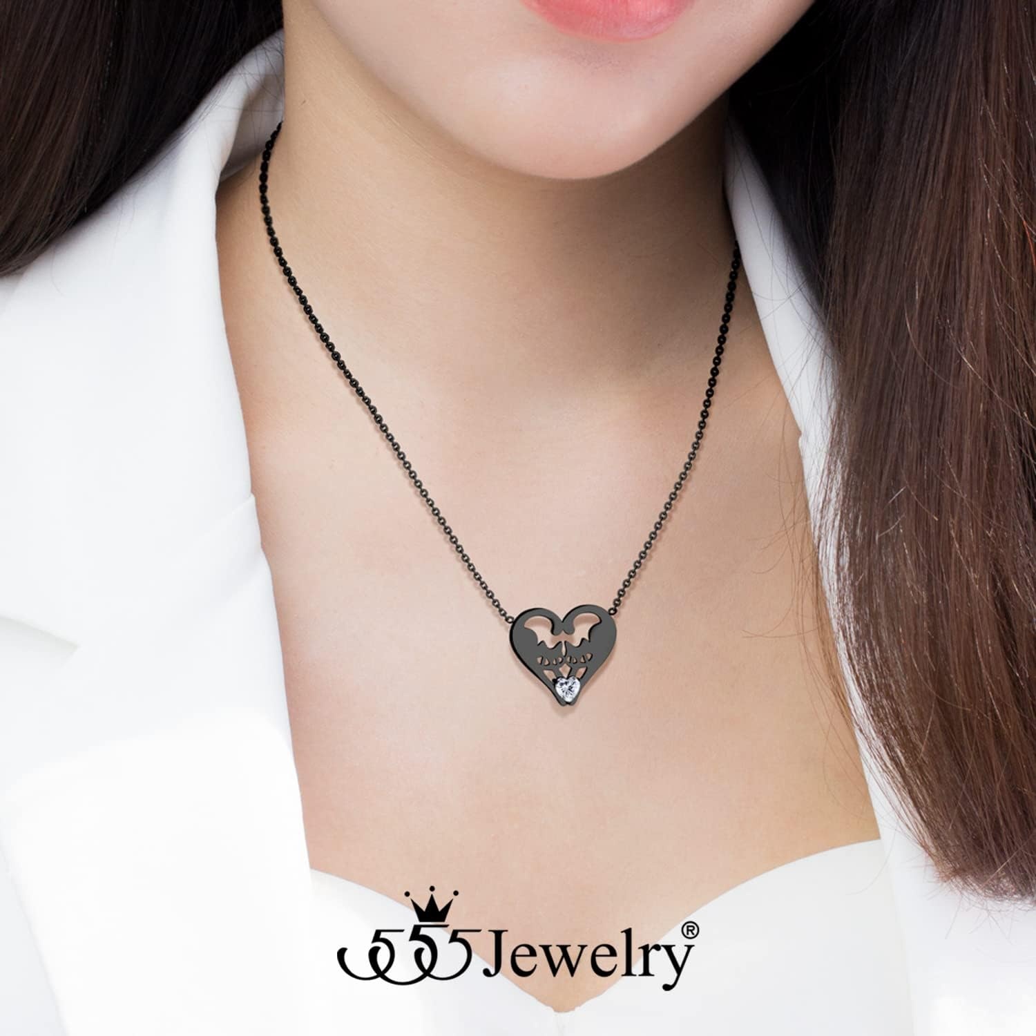 image:image555Jewelry Stainless Steel Twin Cats Heart CZ Necklace for Women amp GirlsBlack