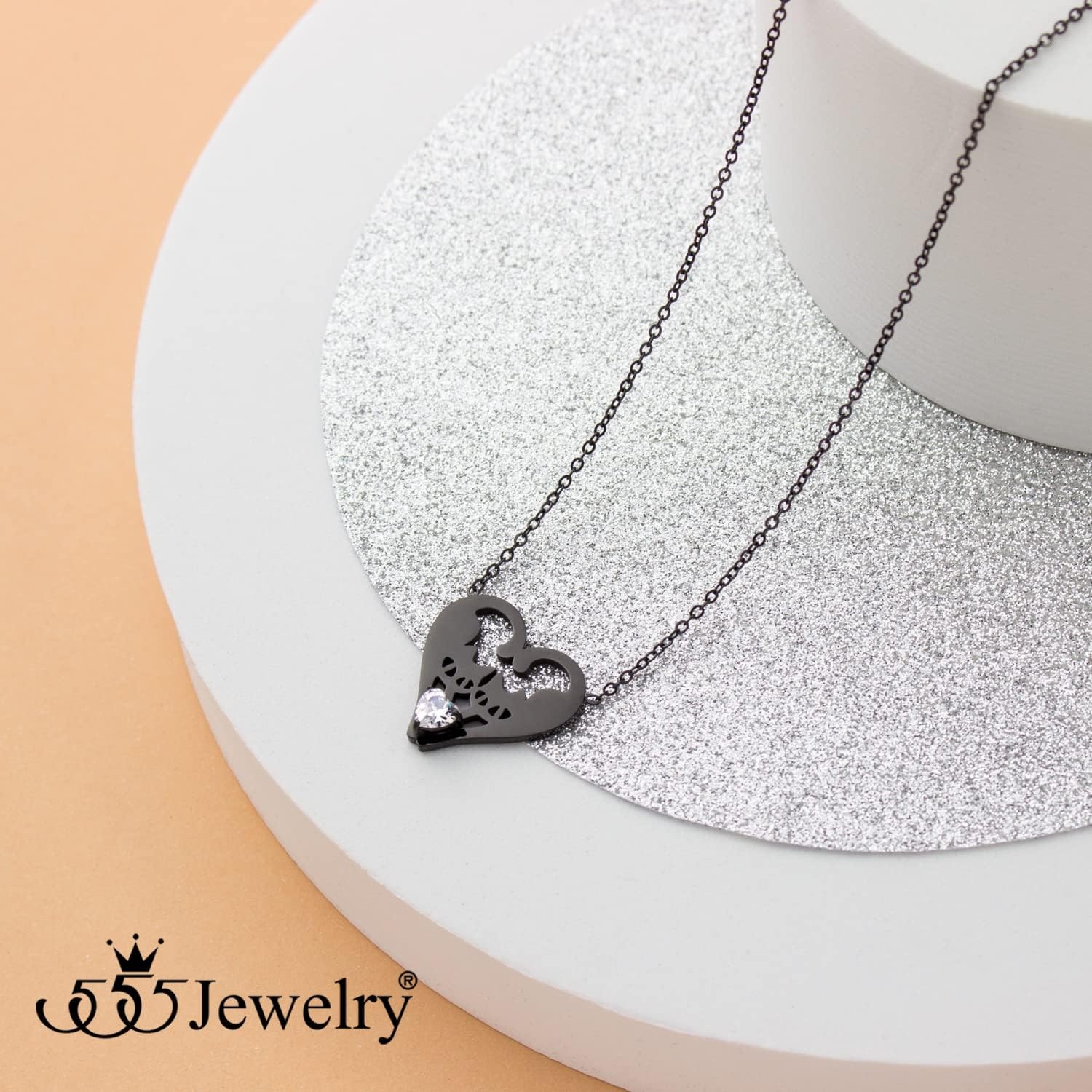 image:image555Jewelry Stainless Steel Twin Cats Heart CZ Necklace for Women amp GirlsBlack