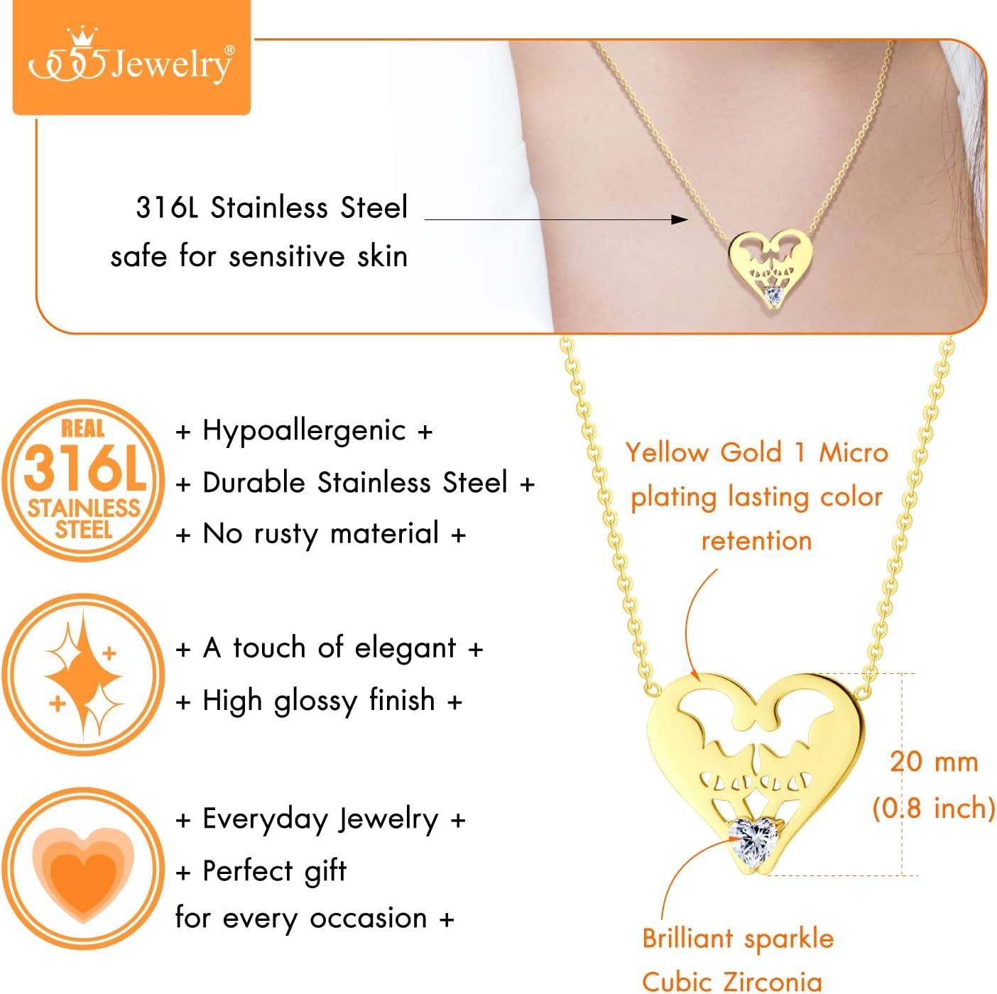 image:image555Jewelry Stainless Steel Twin Cats Heart CZ Necklace for Women amp GirlsGold