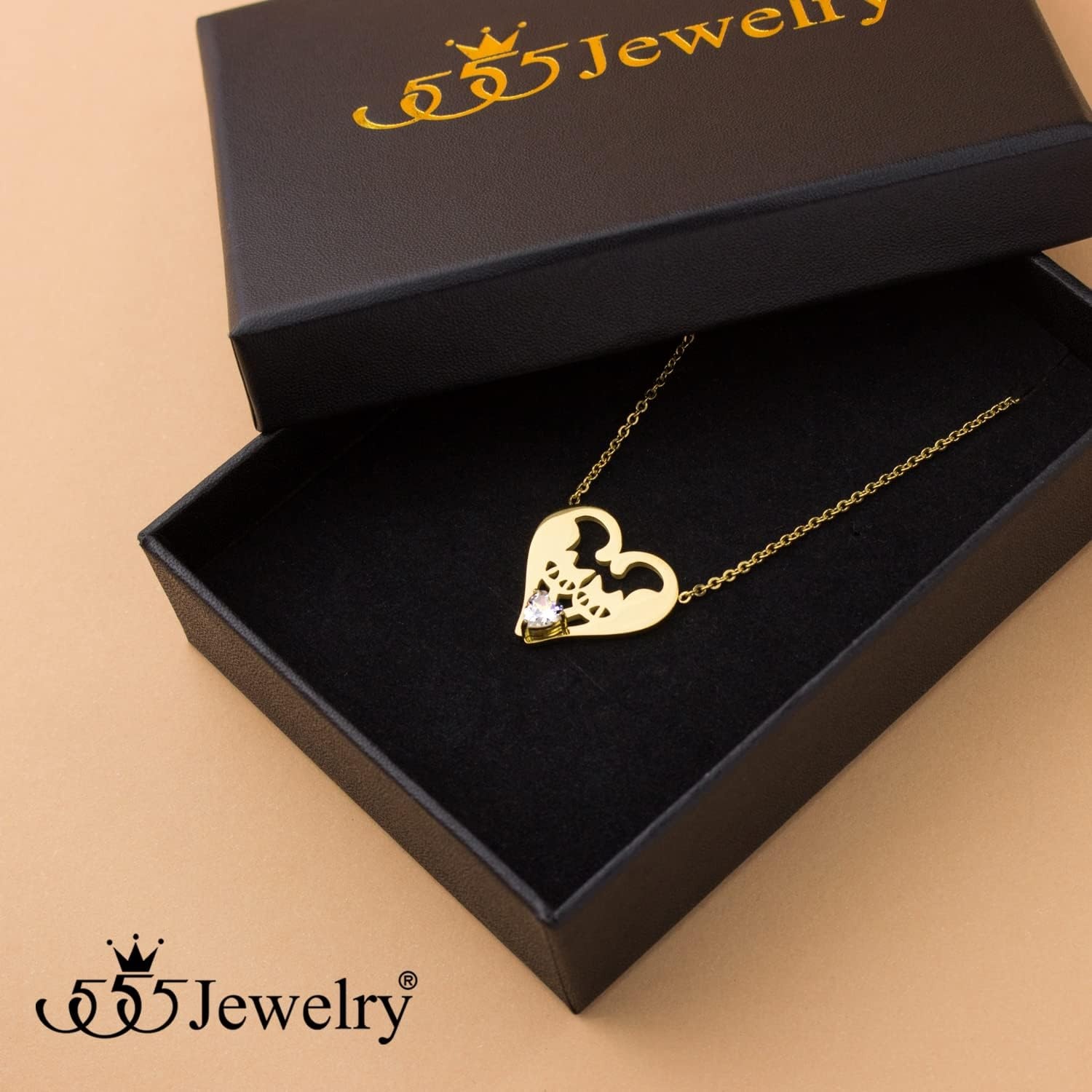 image:image555Jewelry Stainless Steel Twin Cats Heart CZ Necklace for Women amp GirlsGold