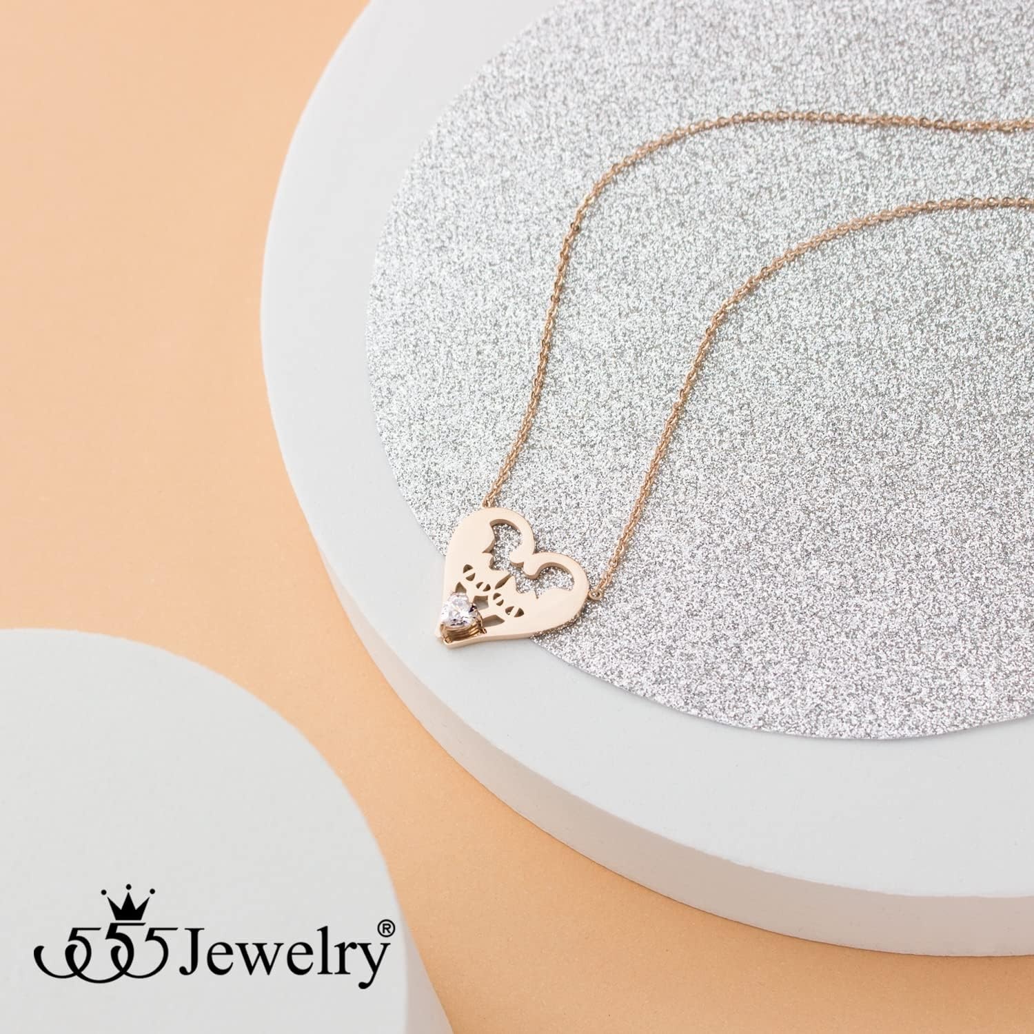 image:image555Jewelry Stainless Steel Twin Cats Heart CZ Necklace for Women amp GirlsRose Gold