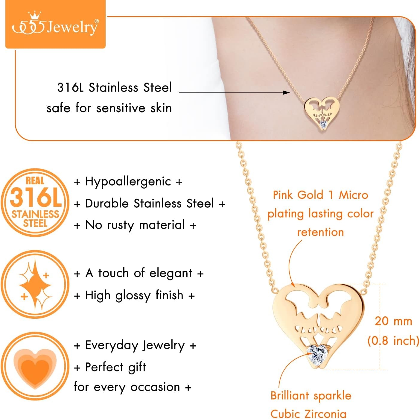 image:image555Jewelry Stainless Steel Twin Cats Heart CZ Necklace for Women amp GirlsRose Gold