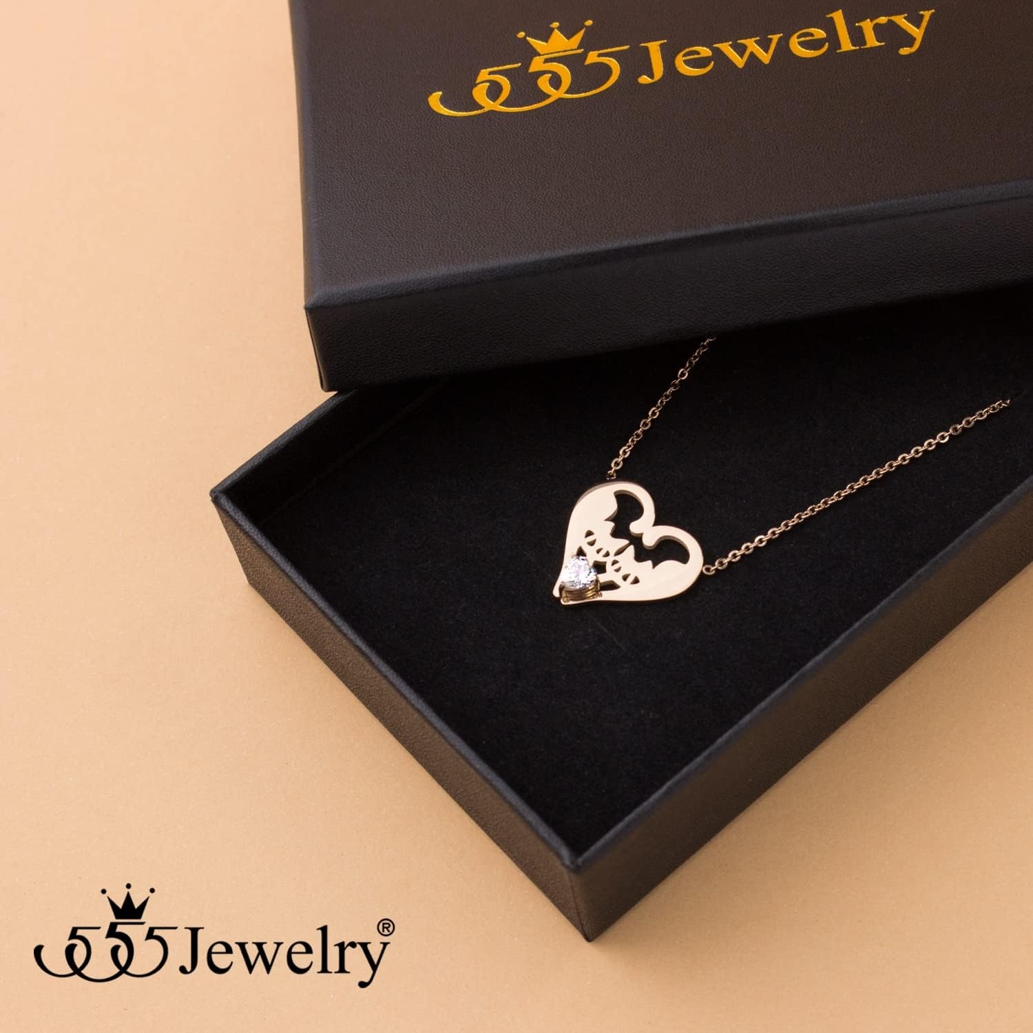 image:image555Jewelry Stainless Steel Twin Cats Heart CZ Necklace for Women amp GirlsRose Gold