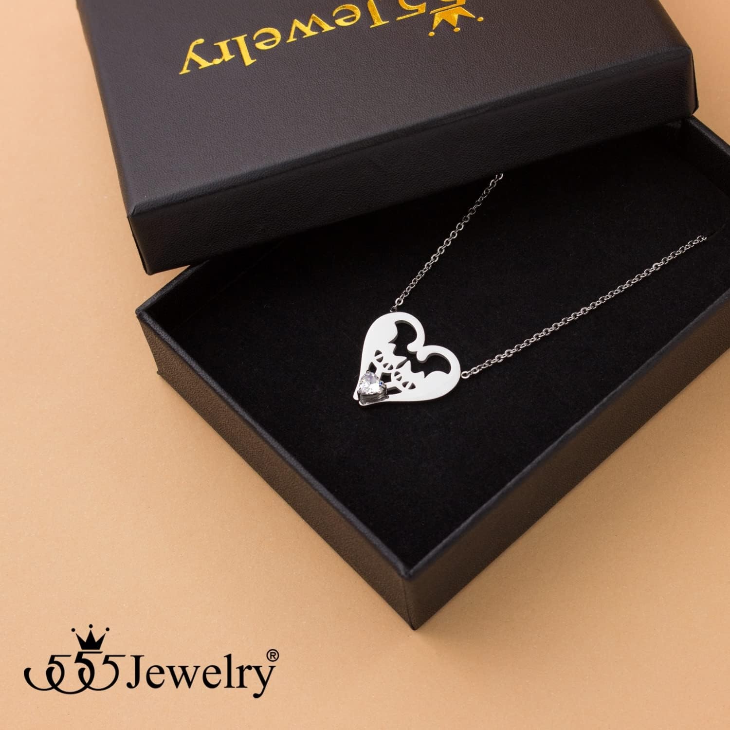 image:image555Jewelry Stainless Steel Twin Cats Heart CZ Necklace for Women amp GirlsSilver