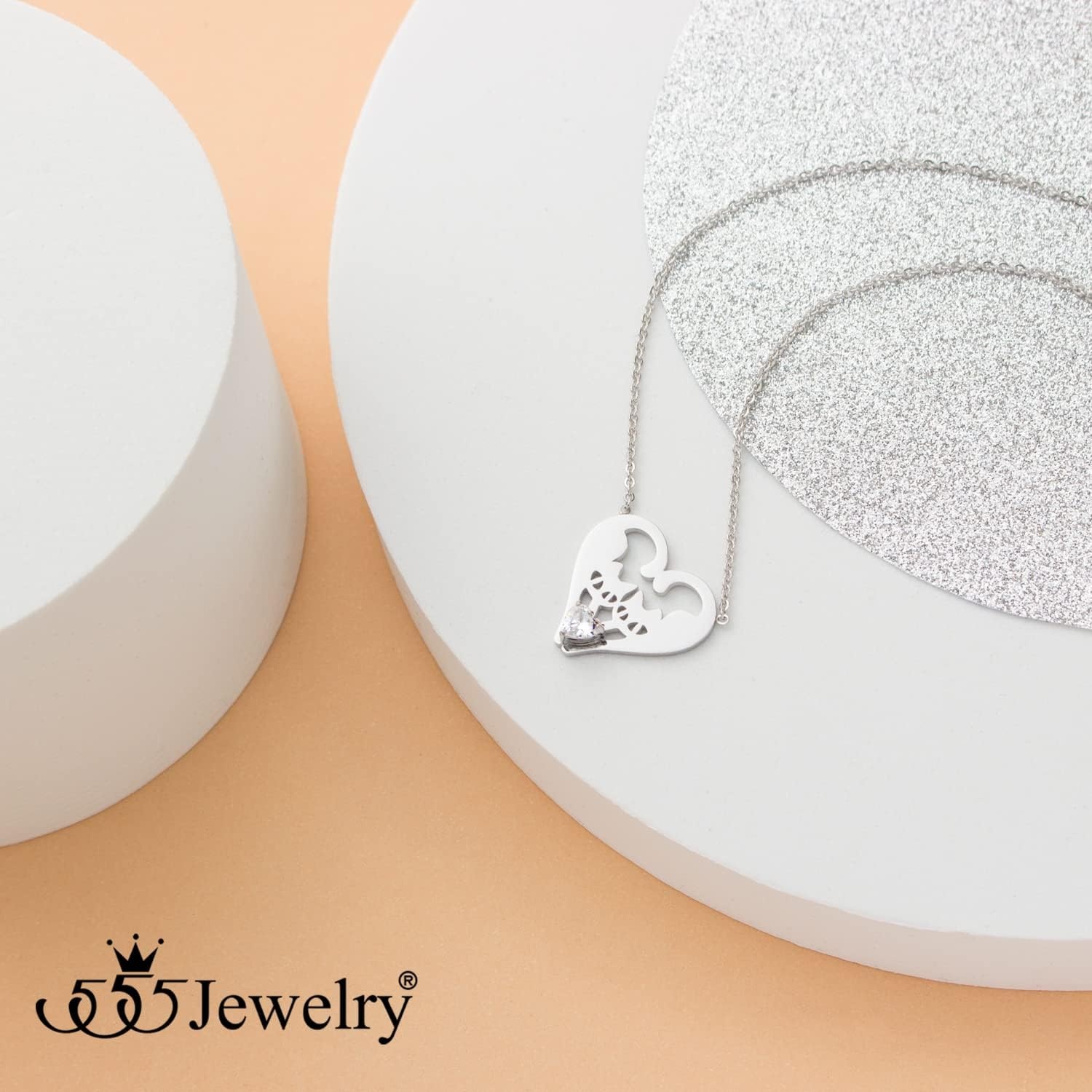 image:image555Jewelry Stainless Steel Twin Cats Heart CZ Necklace for Women amp GirlsSilver
