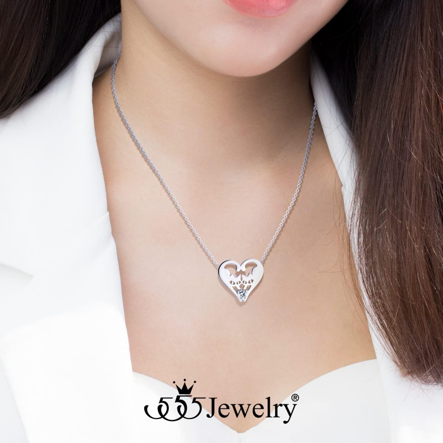 image:image555Jewelry Stainless Steel Twin Cats Heart CZ Necklace for Women amp GirlsSilver