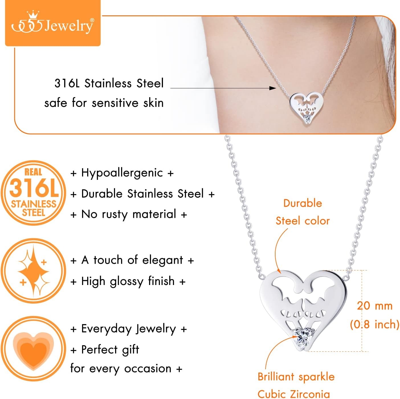 image:image555Jewelry Stainless Steel Twin Cats Heart CZ Necklace for Women amp GirlsSilver