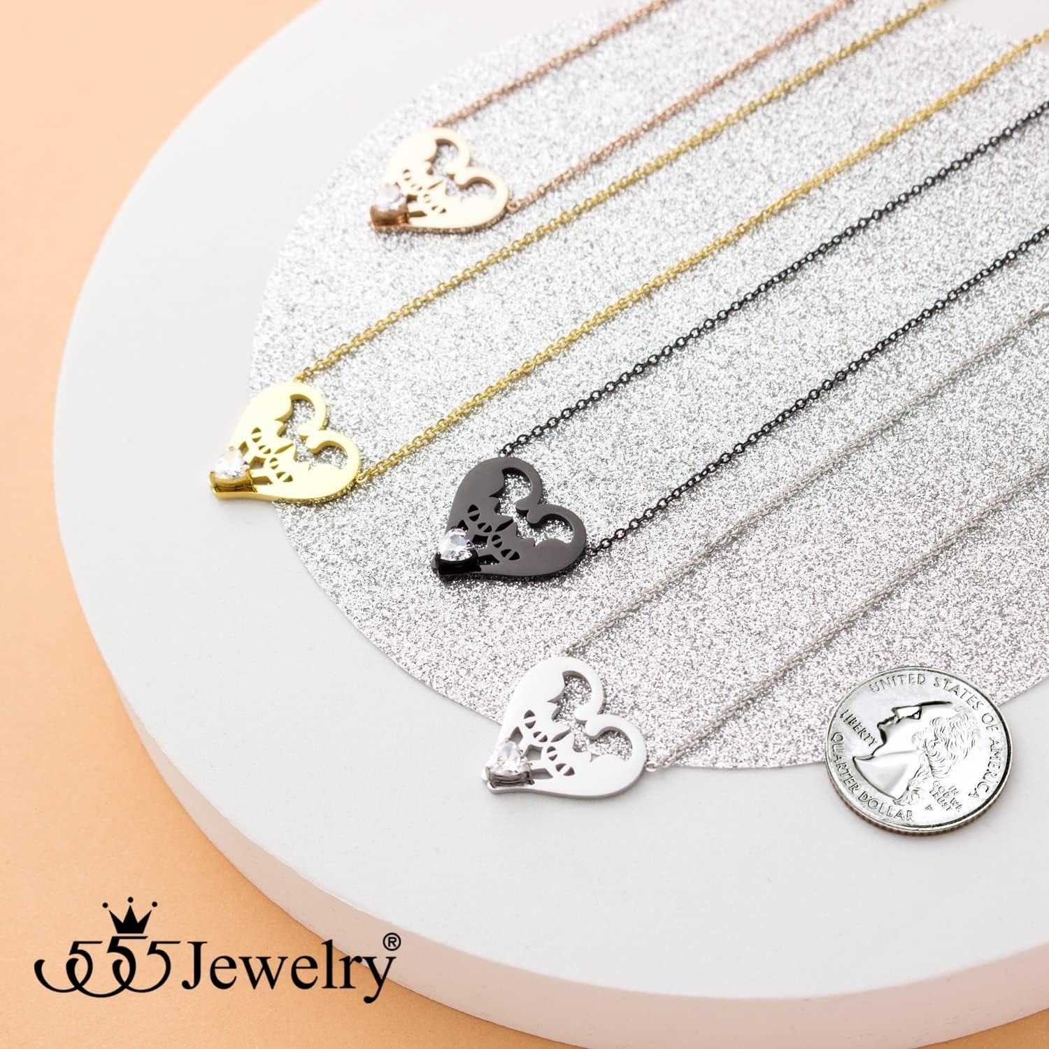 image:image555Jewelry Stainless Steel Twin Cats Heart CZ Necklace for Women amp GirlsSilver