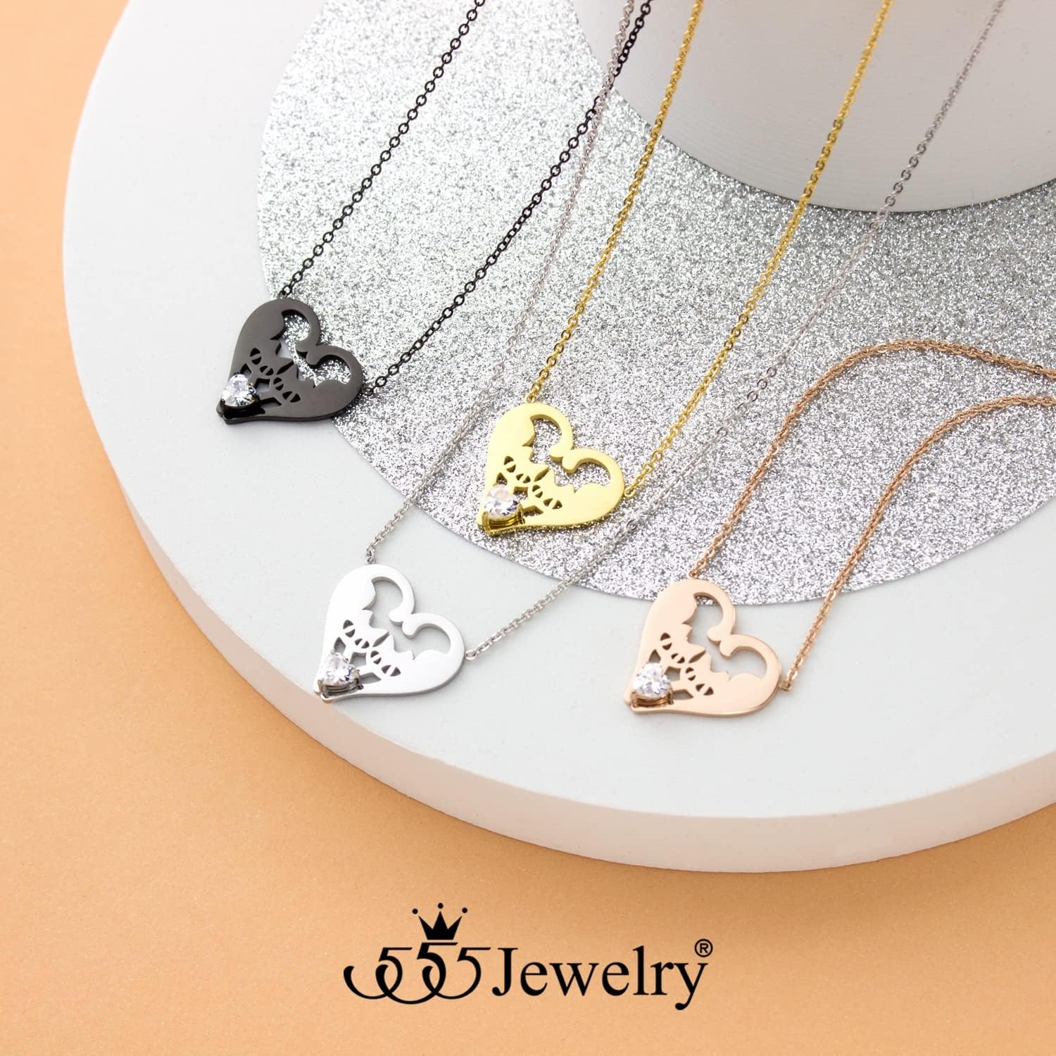 image:image555Jewelry Stainless Steel Twin Cats Heart CZ Necklace for Women amp GirlsSilver