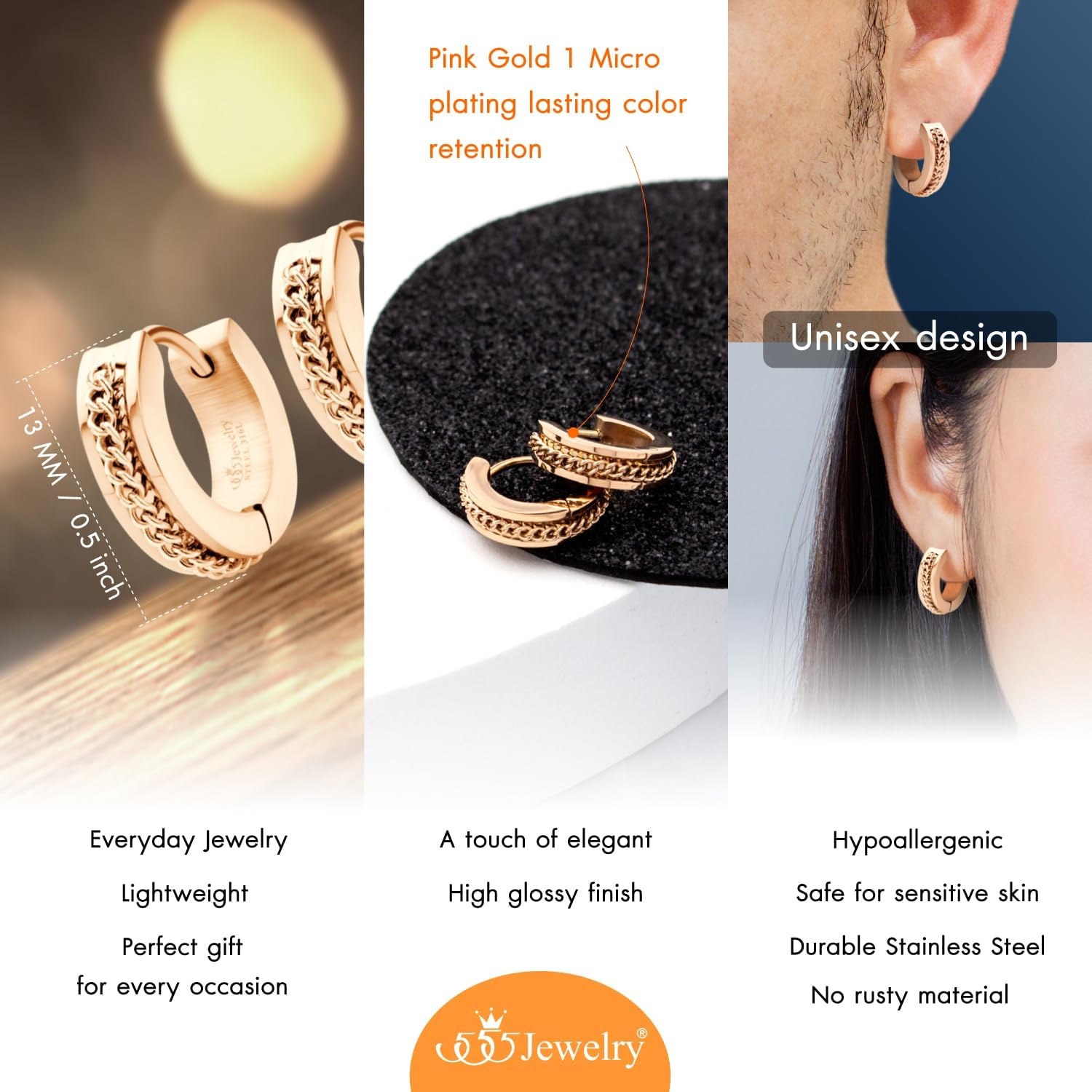 image:image555Jewelry Stainless Steel Unisex Curb Chain Huggie Hoop EarringsRose Gold