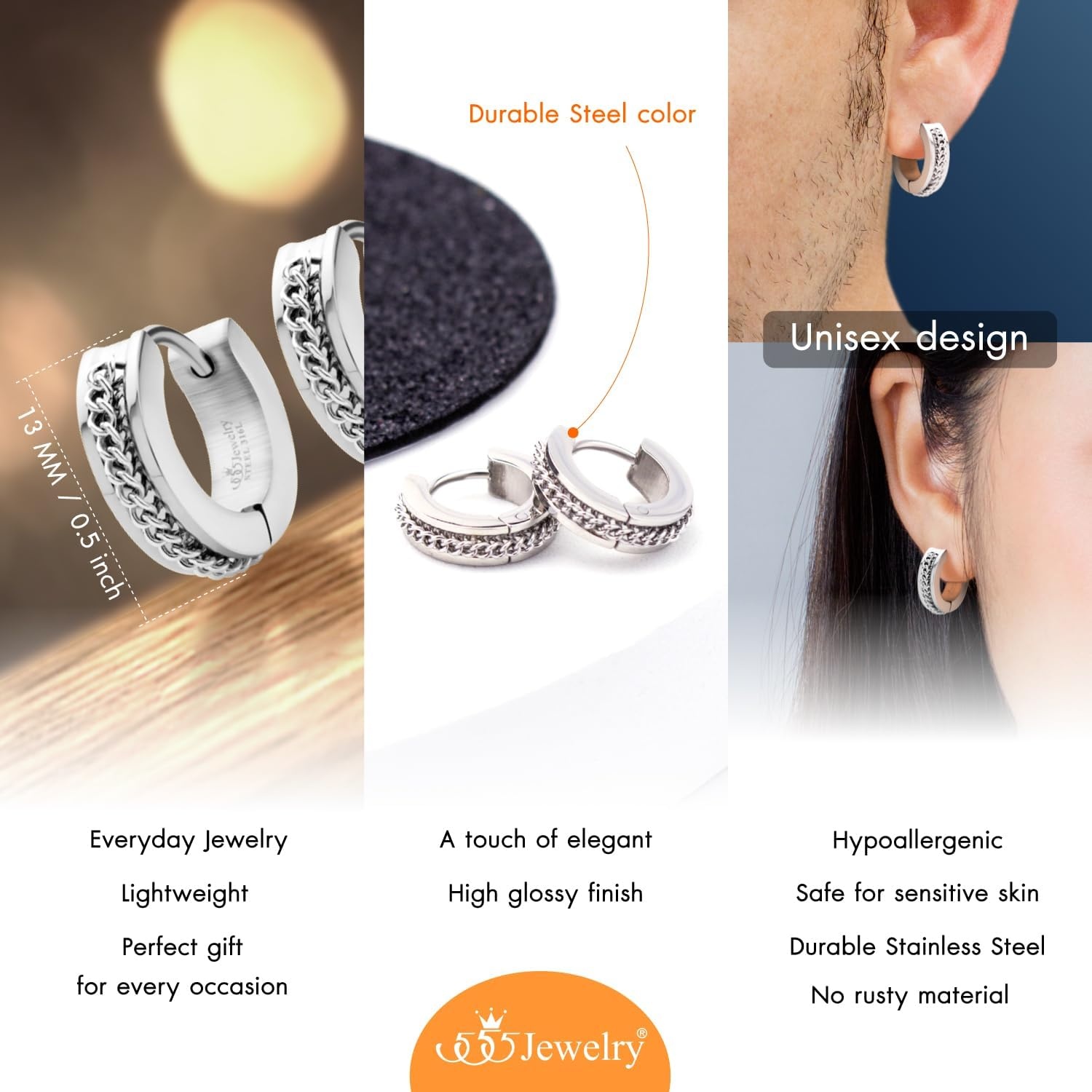 image:image555Jewelry Stainless Steel Unisex Curb Chain Huggie Hoop EarringsSilver