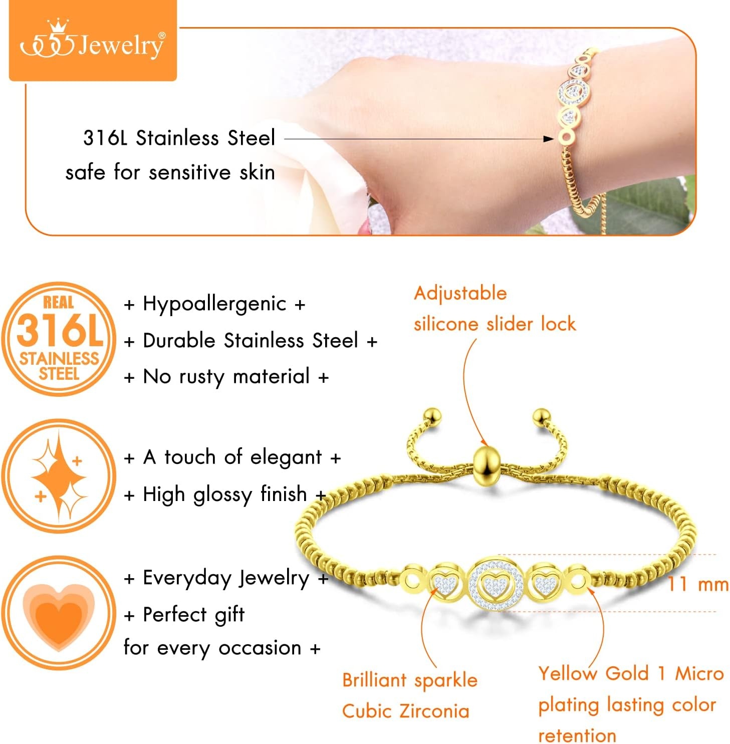 image:image555Jewelry Adjustable Slider Cuff CZ Hearts Bolo Bracelet for Women amp LadiesGold