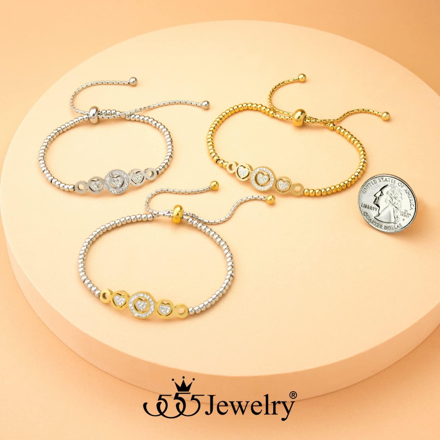 image:image555Jewelry Adjustable Slider Cuff CZ Hearts Bolo Bracelet for Women amp LadiesGold