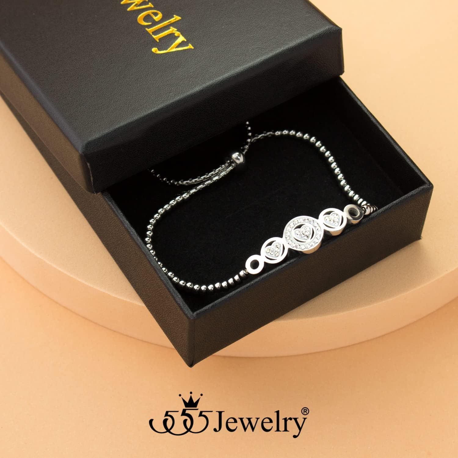 image:image555Jewelry Adjustable Slider Cuff CZ Hearts Bolo Bracelet for Women amp LadiesSilver